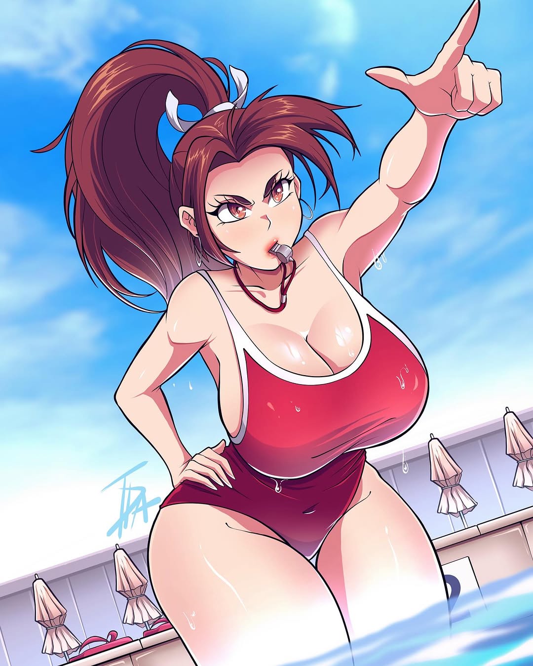 1girls, 2025, brown eyes, brown ponytail, fatal fury, female, female only, instagram, king of fighters, mai shiranui, meta, pointing, pointing at another, pointing at viewer, pool, red swimsuit, sky background, snk, solo, solo female, swimming, tda 611, wet, wet body, wet skin, wet swimsuit, whistle, whistling, white headwear