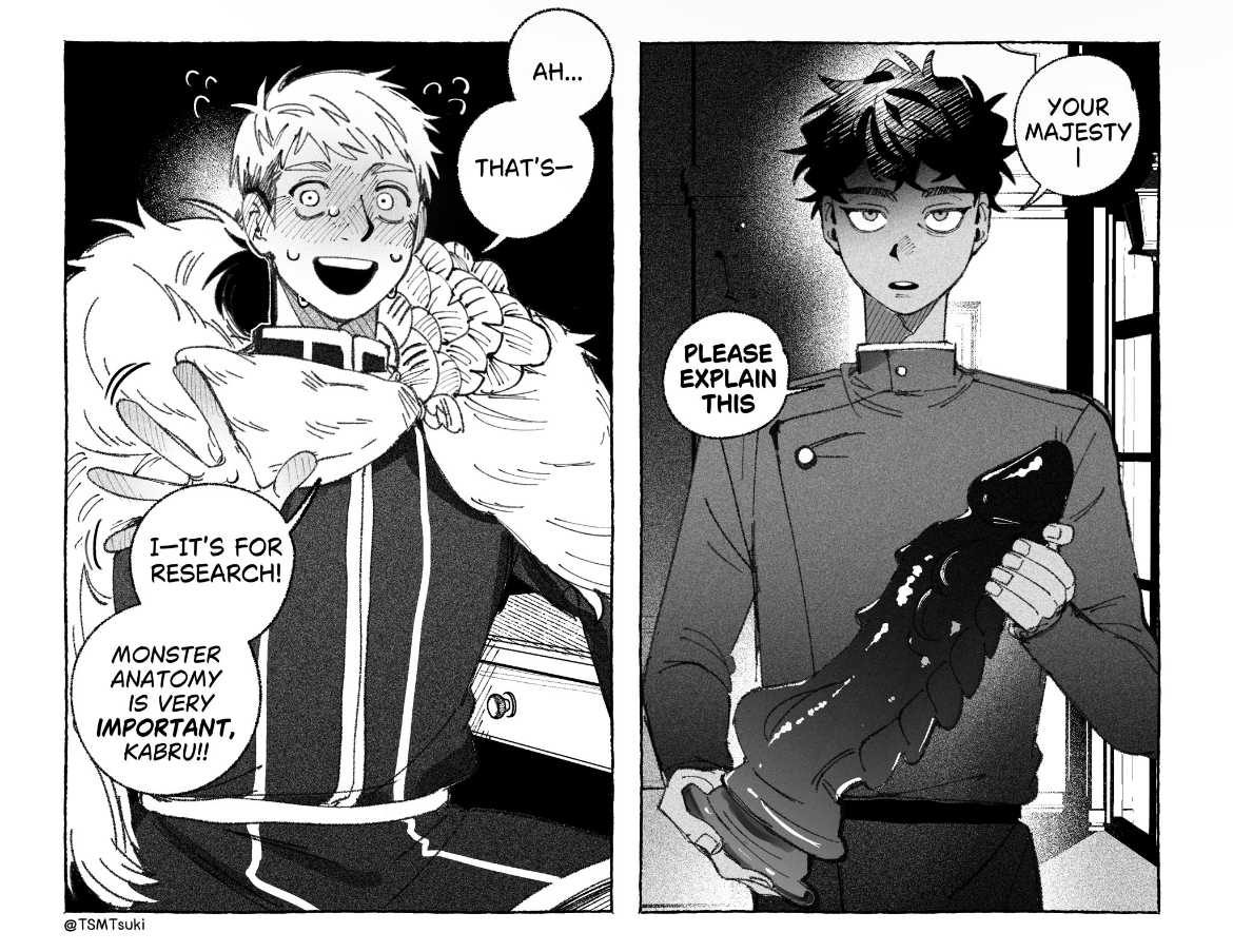 big dildo, blush, dildo, dungeon meshi, embarrassed, gay, gay male, giant dildo, holding dildo, kabru, laios touden, male, male only, monster dildo, sex toy, tsmtsuki, yaoi