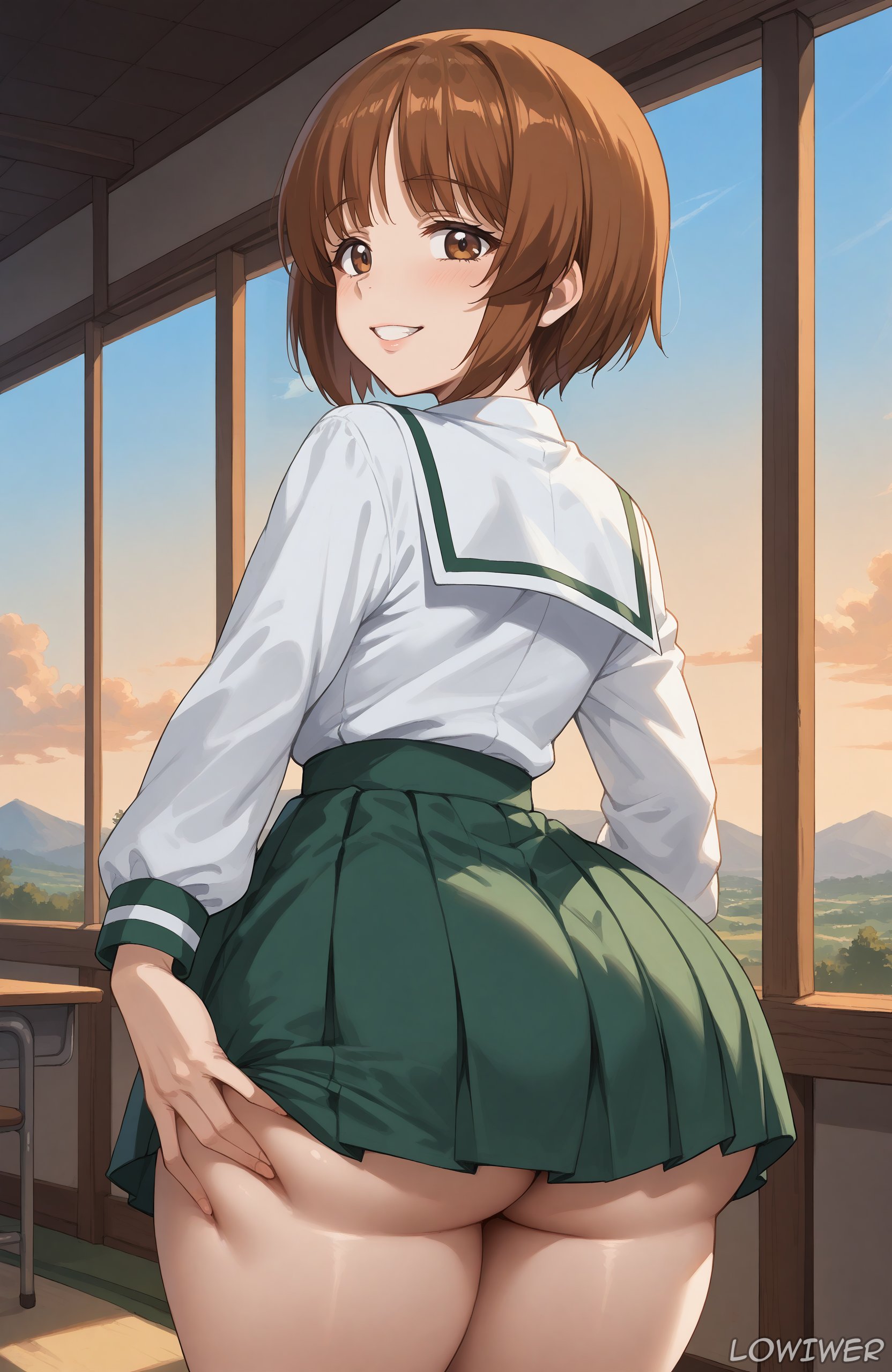 1girls, ai generated, ass, big ass, big thighs, blush, brown eyes, brown hair, cowboy shot, fat ass, female, female only, gigantic ass, gigantic butt, gigantic thighs, girls und panzer, green skirt, hand on ass, hand on butt, hi res, highres, huge ass, huge butt, huge thighs, indoors, large ass, light skin, light-skinned female, long sleeves, looking at viewer, looking back, lowiwer, miniskirt, nishizumi miho, ooarai school uniform, pleated skirt, sailor collar, school uniform, schoolgirl, serafuku, shirt, short hair, skirt, smile, solo, solo female, standing, thick thighs, uncensored, white shirt, wide hips