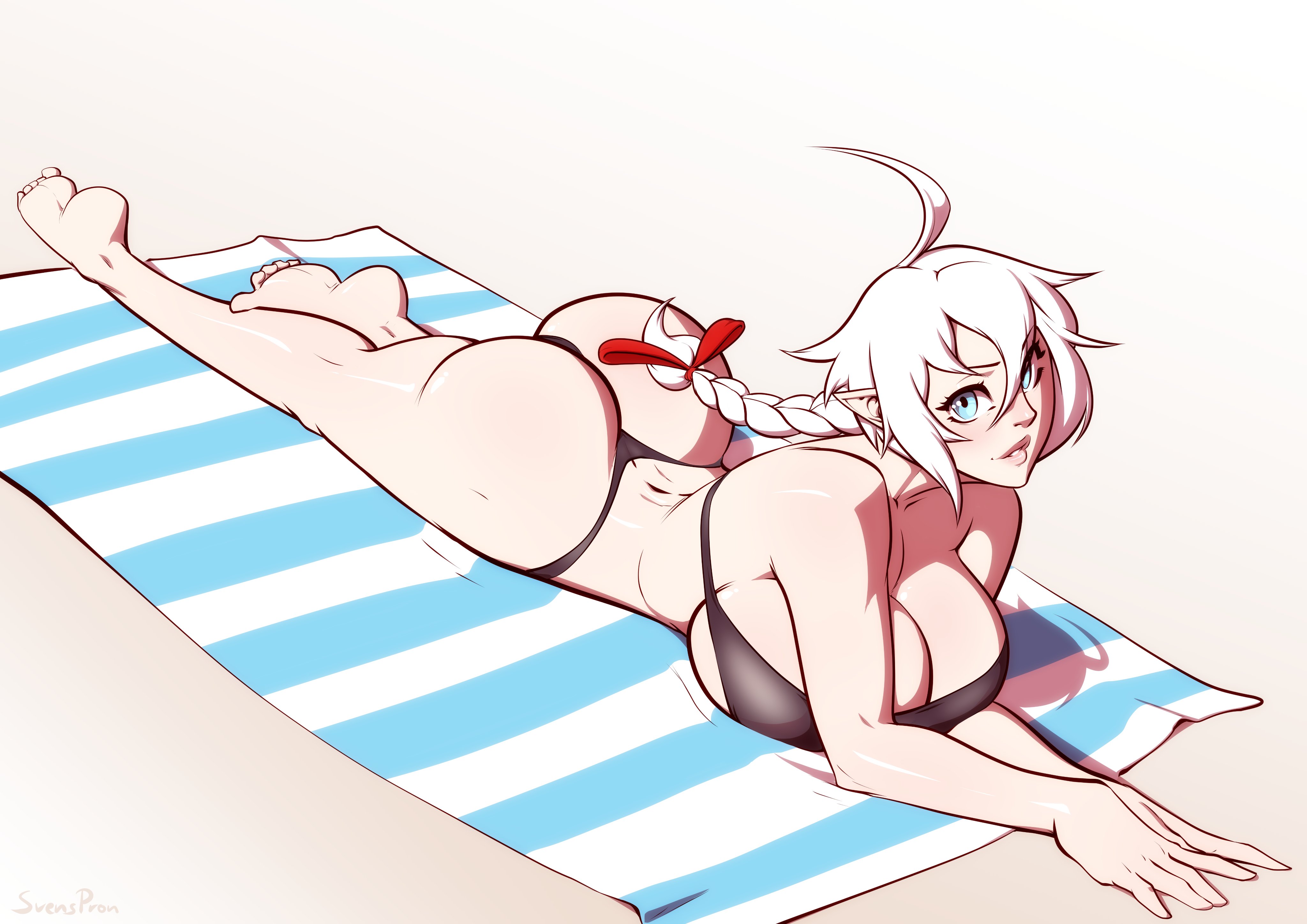 1girls, absurdres, alisaie leveilleur, ass, ass cleavage, ass crack, big ass, big breasts, blue eyes, breasts, butt crack, elezen, elf, elf ears, female, female only, final fantasy, final fantasy xiv, highres, huge ass, large ass, large breasts, light skin, light-skinned female, pale skin, pale-skinned female, pointy ears, ponytail, solo, svenners, thong, white hair