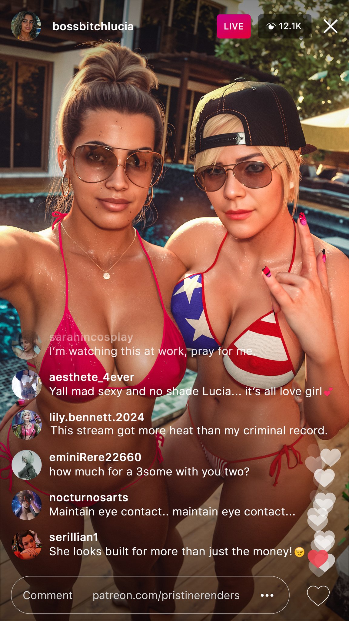 2girls, 3d, american, ass, big ass, big breasts, big thighs, bikini, breasts, brown eyes, brown hair, bust, busty, chest, curvaceous, curvy, curvy figure, dark skin, dark-skinned female, digital media (artwork), english text, female, female only, grand theft auto, grand theft auto vi, hips, hourglass figure, latina, legs, light skin, light-skinned female, lucia caminos, mature, mature female, pool, poolside, pristinerenders, puerto rican, rockstar games, slim waist, sunglasses, text, text box, thick, thick hips, thick legs, thick thighs, thighs, tinted eyewear, tracey de santa, voluptuous, waist, water, wide hips, wide thighs
