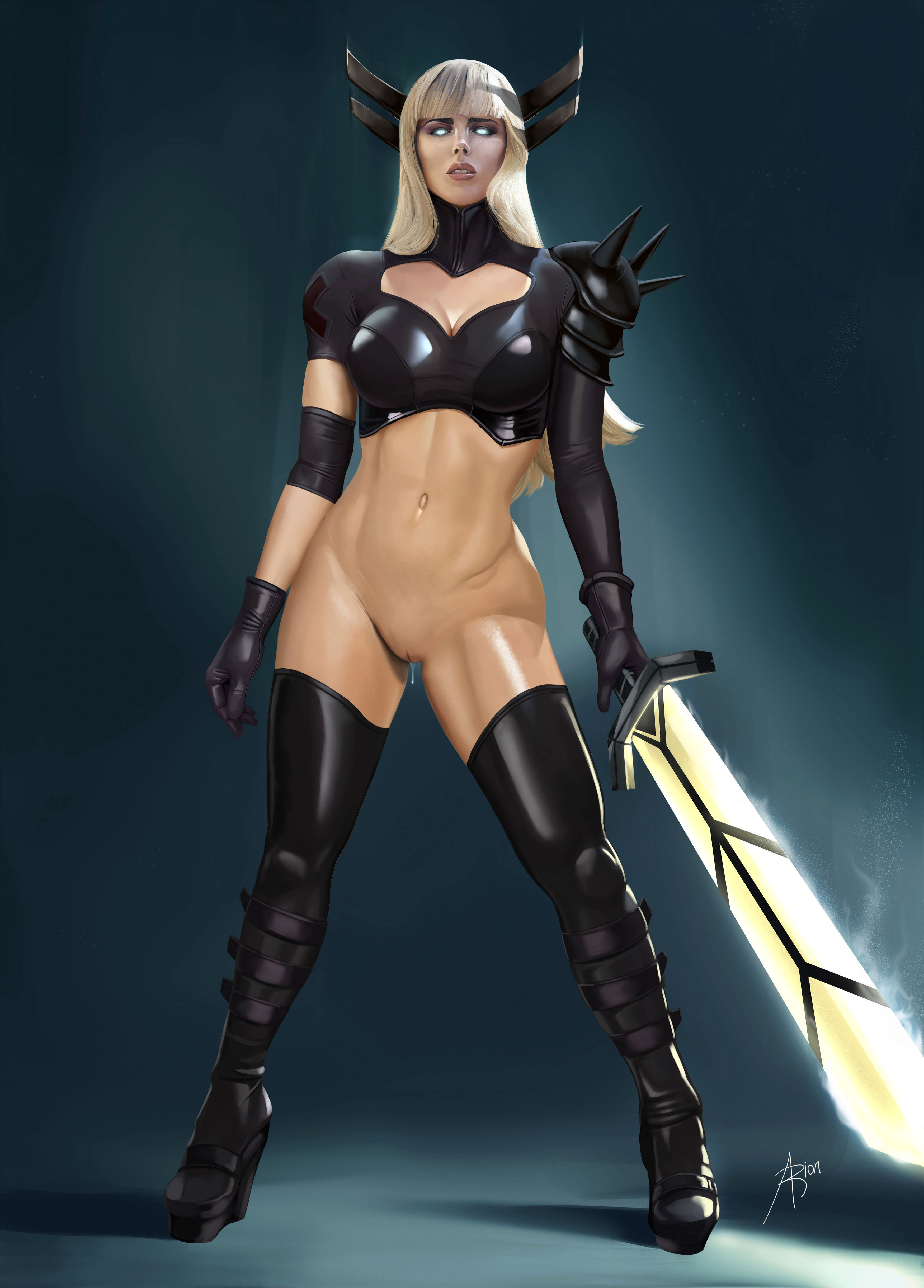 1girls, arion69, blonde female, blonde hair, bottomless, dripping cum, dripping pussy, dripping wet, female, female only, looking at viewer, magik (illyana rasputin), marvel, marvel comics, pussy, pussy juice, pussy juice drip, shaved pussy, solo, sword, weapon, wet pussy, x-men