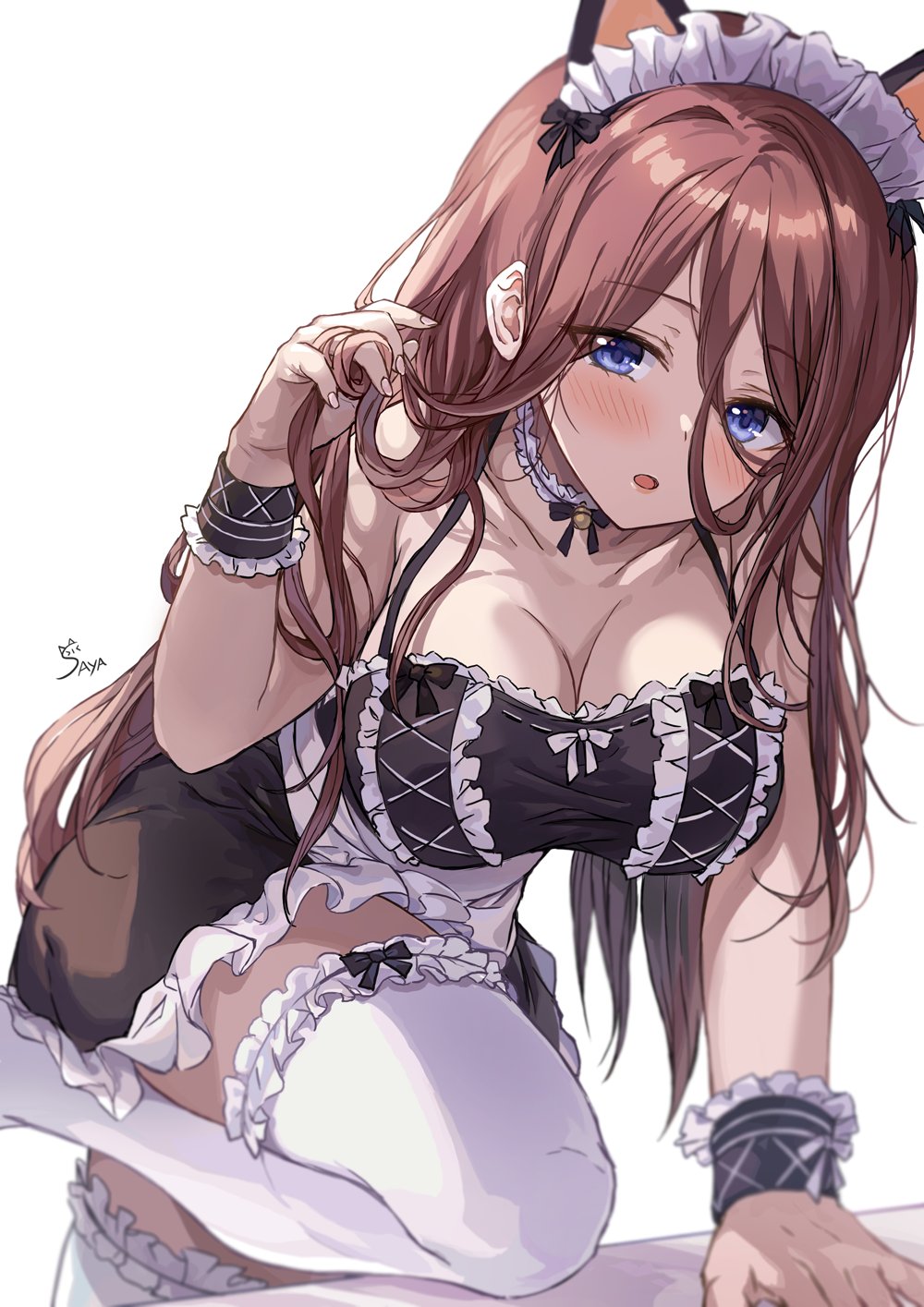 big breasts, blue eyes, blush, breasts, brown hair, cat ears, female, female focus, furry, go-toubun no hanayome, leggings, legwear, looking at viewer, maid, maid outfit, maid uniform, nakano miku, open mouth, thick thighs, thighhighs