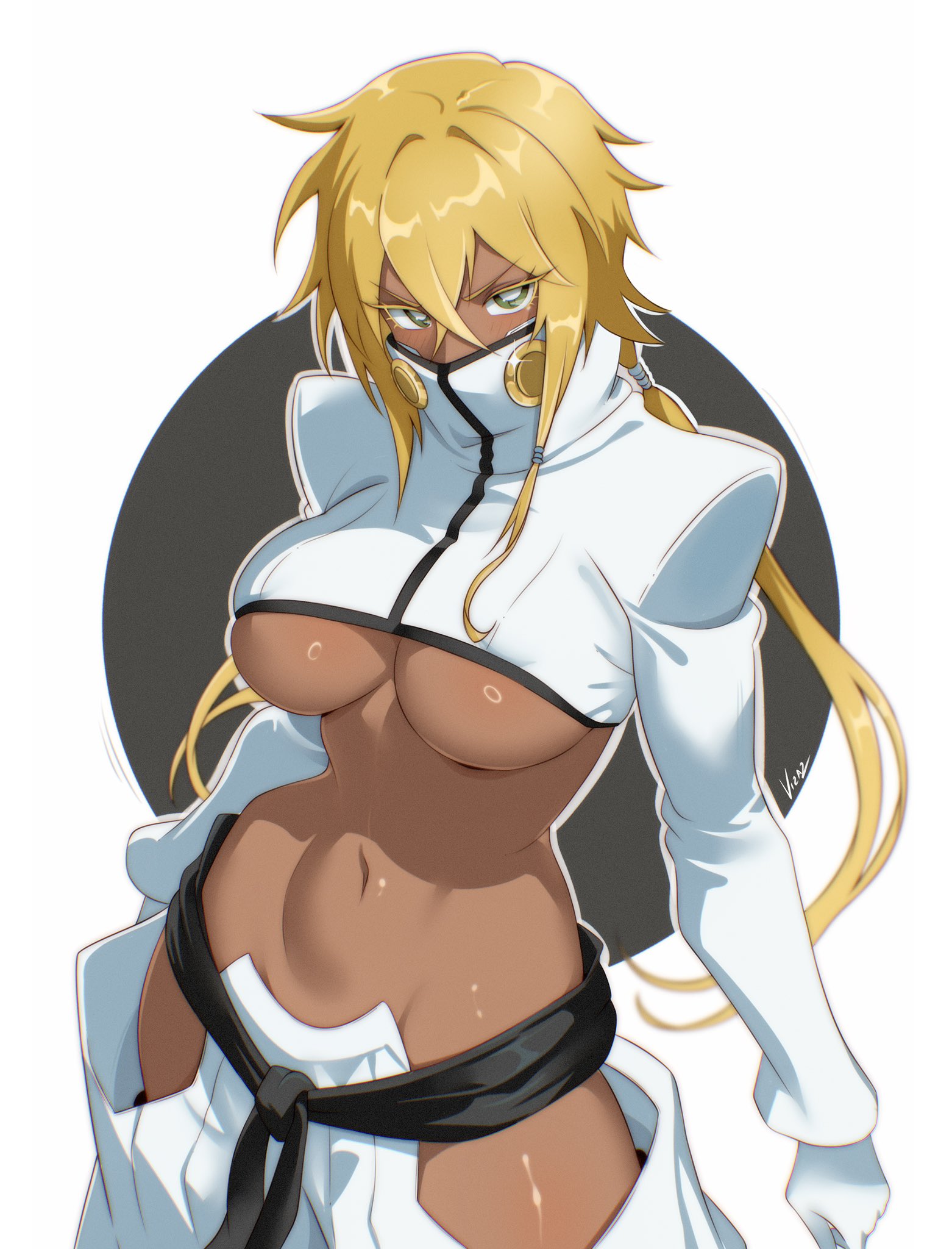 1girls, 2025, big breasts, bleach, blonde hair, blush, breasts, dark skin, dark-skinned female, female, female only, green eyes, hi res, hourglass figure, large breasts, looking at viewer, mature female, navel, slim waist, solo, tia harribel, underboob, vizaz, white background, wide hips