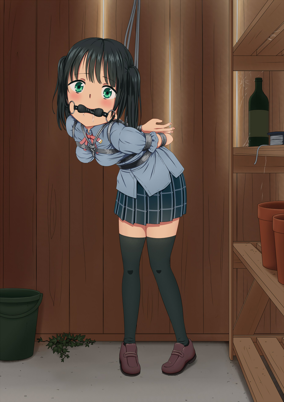 arms_behind_back black_hair black_legwear blouse blue_blouse bondage bound bound_arms breasts brown_footwear bucket female flower_pot gag gagged glass_bottle green_eyes highres kinbaku loafers long_hair looking_at_viewer love_live! pleated_skirt ran68367156 ran68367156 saliva shoes skirt solo takasaki_yuu thighhighs tied_up zettai_ryouiki