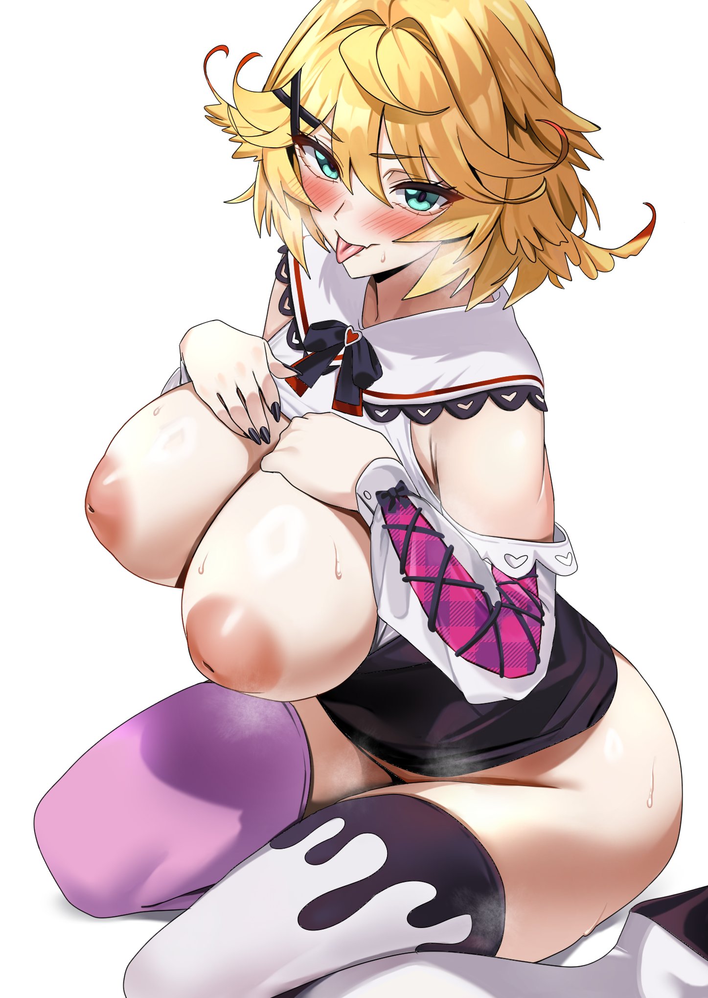 1girls, alternate breast size, big breasts, blonde hair, blush, breasts, breasts out, dokibird, female, indie virtual youtuber, large breasts, neige (pixiv6850453), short hair, sweat, sweatdrop, virtual youtuber