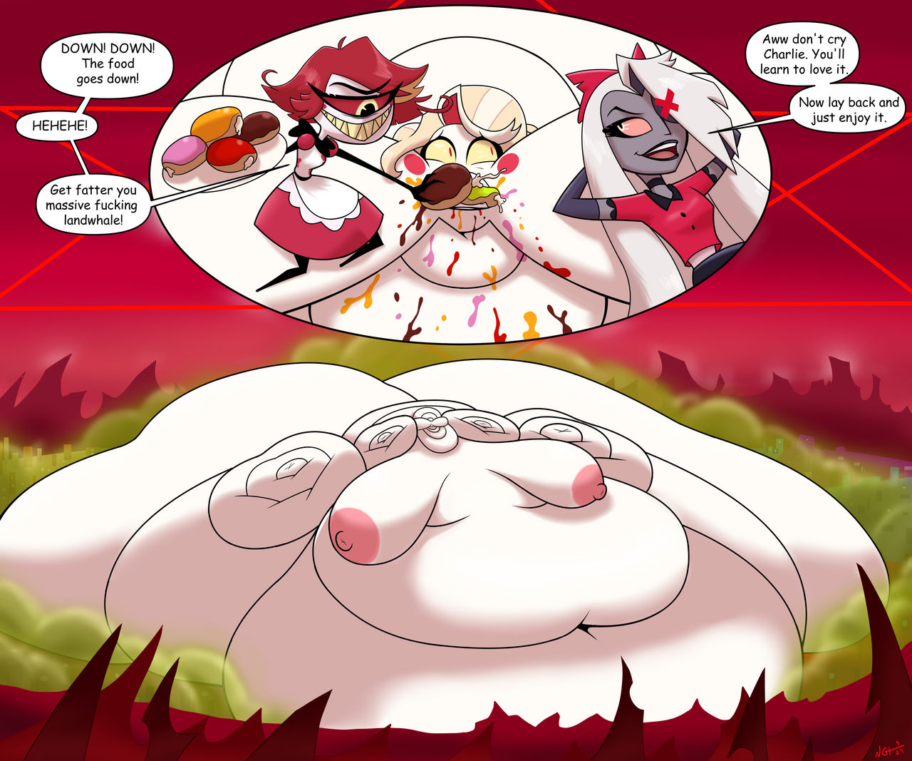 bigger than mountain, blob, charlie morningstar (hazbin hotel), dialogue, fart, fart fetish, fat, fat belly, fat female, female, hazbin hotel, hyper fat, immobile, impossibly fat, macro, massive belly, massive body, newgainsplus, niffty, obese, stuffing, tagme, tagme (artist), vaggie (hazbin hotel), weight gain
