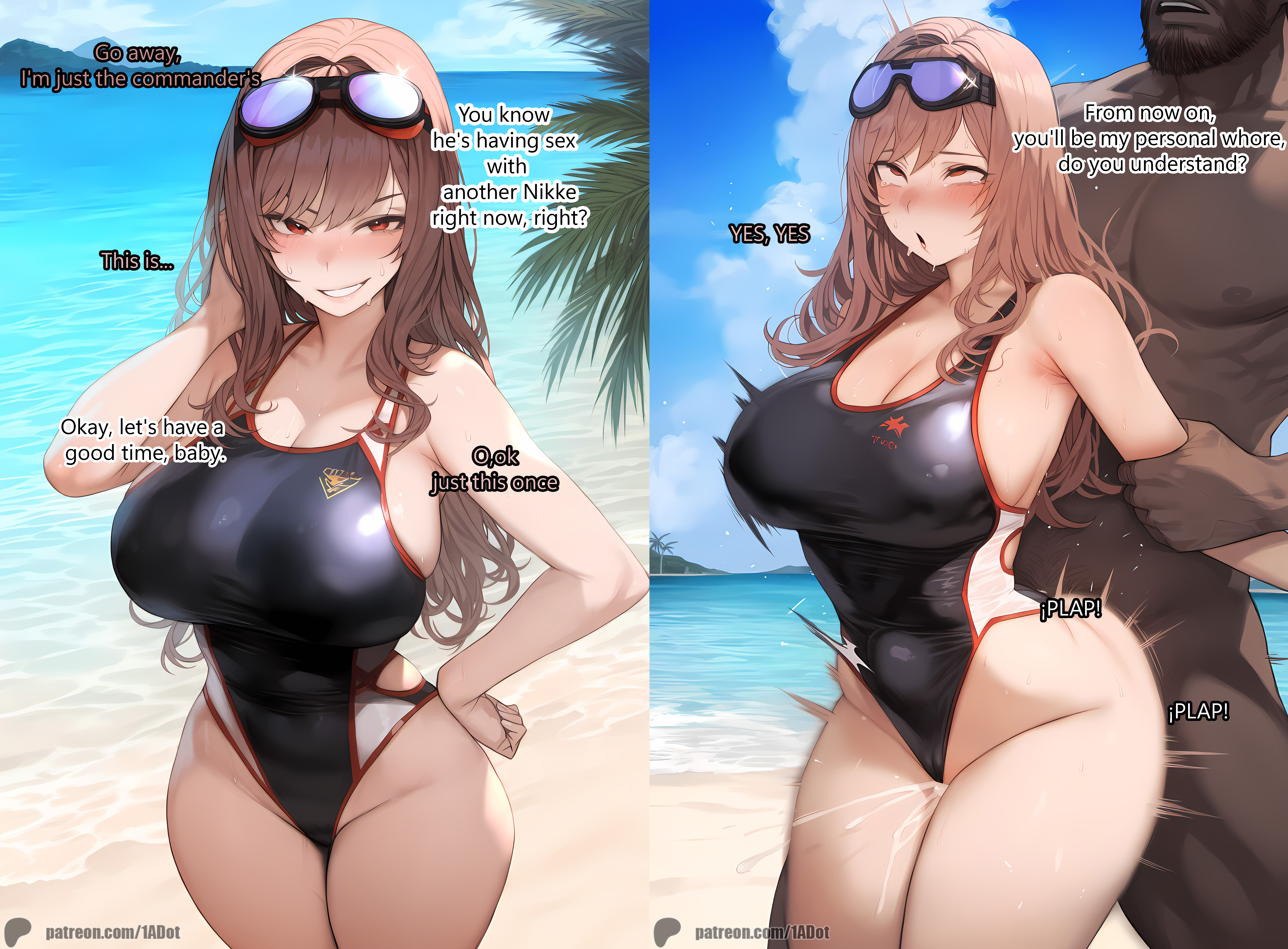1-a dot, ai generated, beach, big breasts, breasts, dark skin, dark-skinned male, goddess of victory: nikke, interracial, male, rapi (classic vacation) (nikke), rapi (nikke)