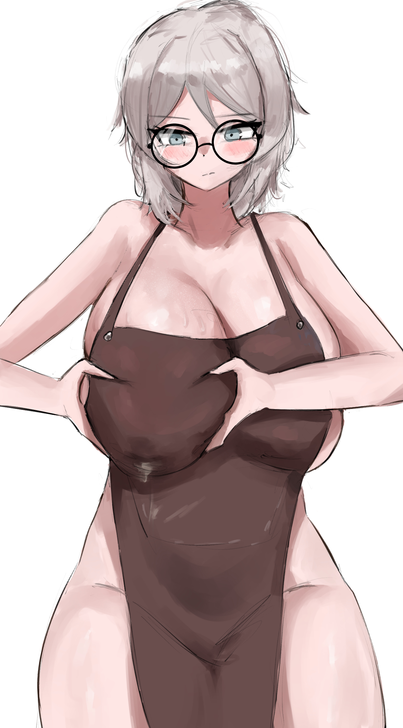 1girls, blue eyes, blush, breast squeeze, breasts, breasts bigger than head, busty, cleavage, eyewear, faust (limbus company), female, female only, glasses, lactation, lactation through clothes, lactation without expressing, light skin, light-skinned female, limbus company, milking, naked apron, nude apron, project moon, simple background, solo, sweat, thick thighs, wet clothing, white background, white hair, wide hips, www1 (artist)