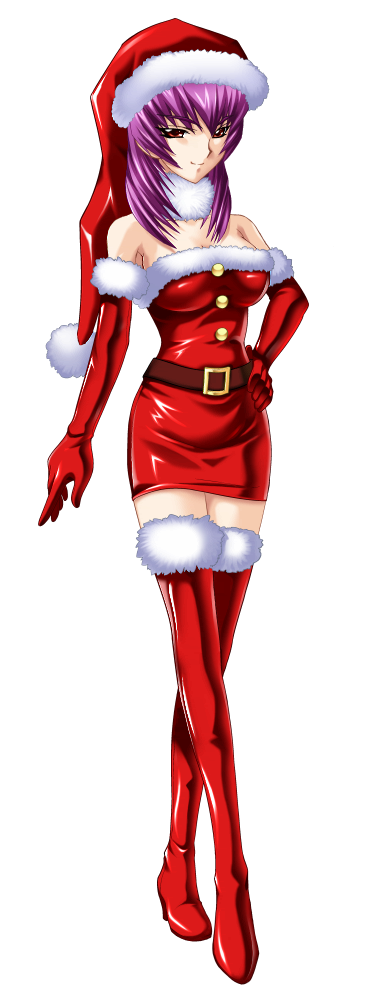 bare_shoulders belt boots breasts elbow_gloves female fur_trim game_cg gloves hand_on_hip hat high_heel_boots high_heels hip_focus kouzuki_yuuko large_breasts muvluv muvluv_alternative purple_hair red_eyes red_gloves red_legwear santa_costume santa_hat smile solo teacher thigh_boots thighhighs