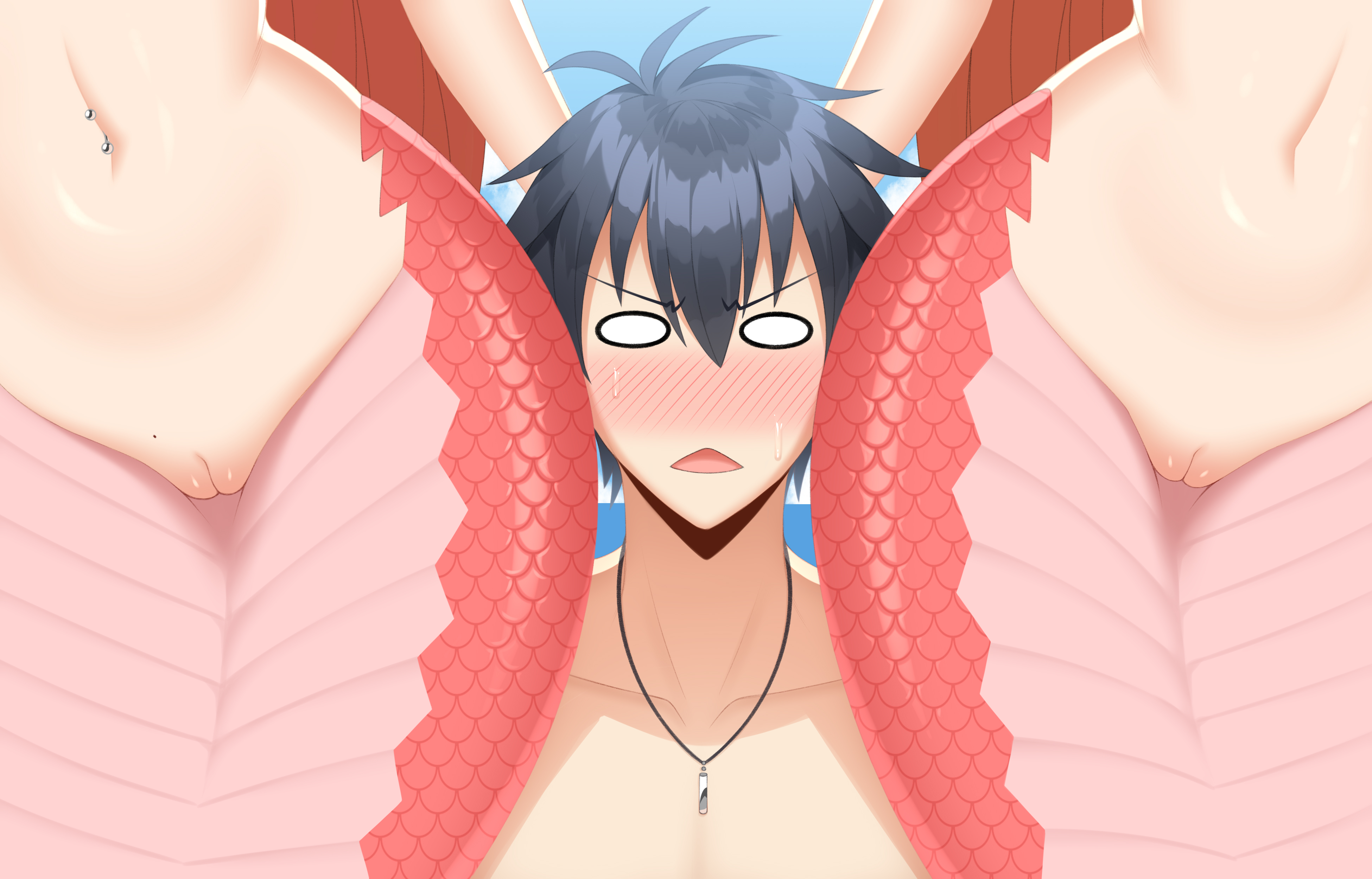 1boy, 2girls, absurd res, absurd resolution, absurdres, belly button, belly piercing, blacksaikou, daughter, female, hi res, high resolution, highres, hips, kurusu kimihito, lamia, male, miia (monster musume), miia's mother, mole on pussy, monster girl, monster girl (genre), monster musume no iru nichijou, mother, mother and child, mother and daughter, naga, navel, navel piercing, nude, parent and child, pussy, pussy lips, red scales, tagme, wide hips