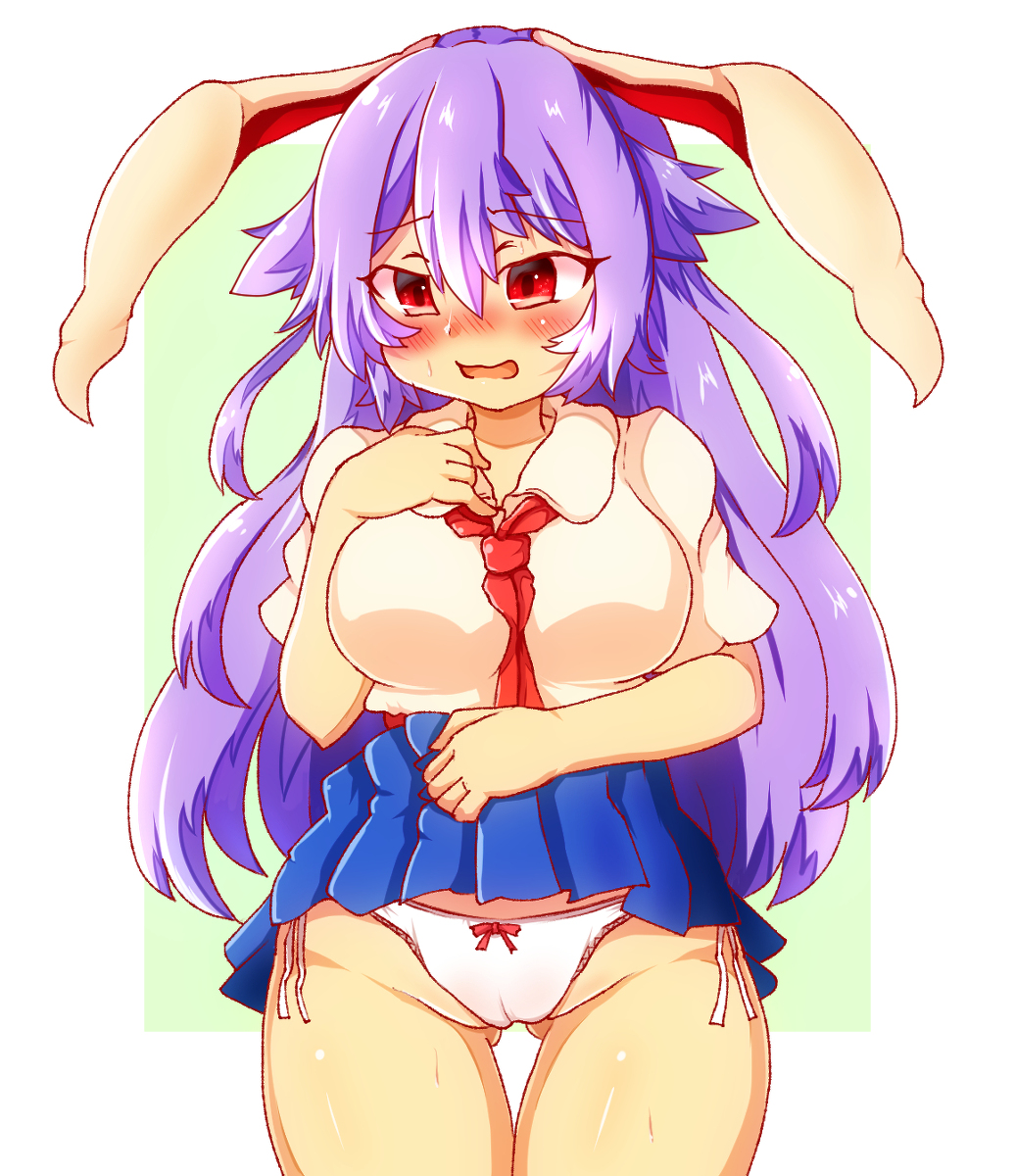 animal_ears blush bow_panties bunny_ears embarrassed panties purple_hair red_eyes reisen_udongein_inaba side-tie_panties skirt skirt_lift sweat tagme touhou white_panties yagi_paranoia