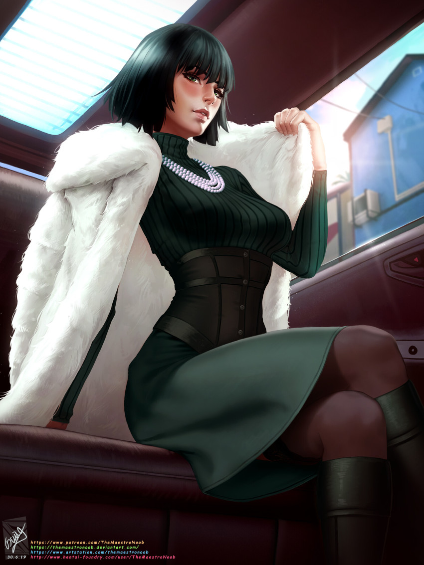 bangs blue_sky blush boots breasts building car_interior car_seat commentary corset dress english_commentary female from_below fubuki_(one-punch_man) fur_coat green_dress green_eyes green_footwear green_hair highres holding_coat jacket jacket_on_shoulders jewelry knee_boots large_breasts legs_crossed necklace one-punch_man pantyhose parted_lips seat short_hair sitting sky solo themaestronoob window