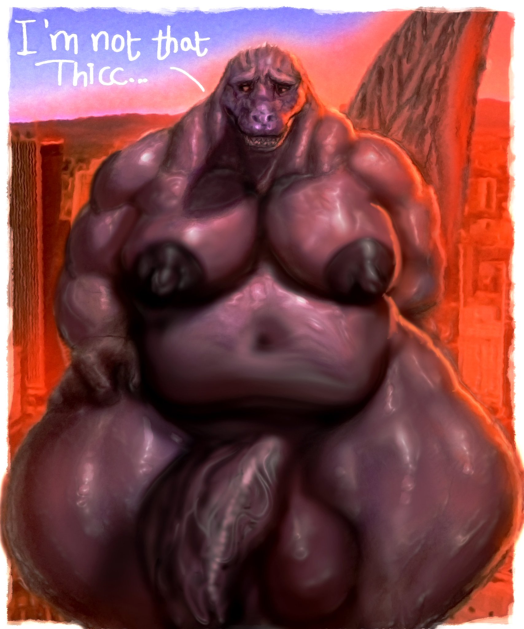 1boy, 1monster, ass, big belly, breasts, buildings, flaccid, gay, godzilla, godzilla (series), hohohonse, male, male breasts, male only, male with breasts, massive thighs, nude, reptile humanoid, shin godzilla, solo