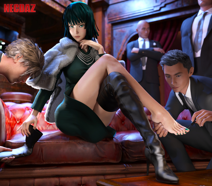 1girls 3d 4boys absurdres barefoot boots boots_removed daz_studio dress feet female femdom foot_fetish foot_focus foot_grab foot_hold foot_worship fubuki_(one-punch_man) green_hair green_nails green_toenails hand_on_chin hand_on_foot high_heel_boots high_heels highres kneehighs leather leather_boots legs_crossed looking_at_viewer multiple_boys nail_polish necdaz91 one-punch_man one_bare_foot pedicure shoes_removed thigh_boots thighhighs toenail_polish toes zbrush