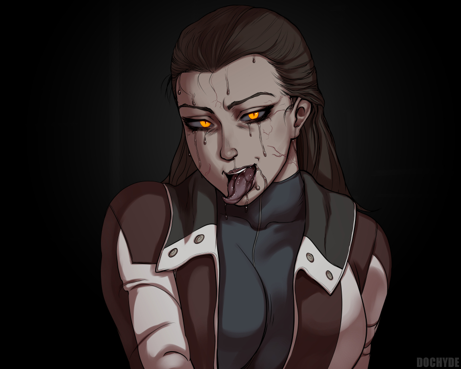 1girls, 2d, alternate version, breasts, brown hair, corruption, dead space, dochyde, female, female only, kendra daniels, looking at viewer, monster, orange eyes, slit pupils, solo, solo female, tongue, tongue out, what