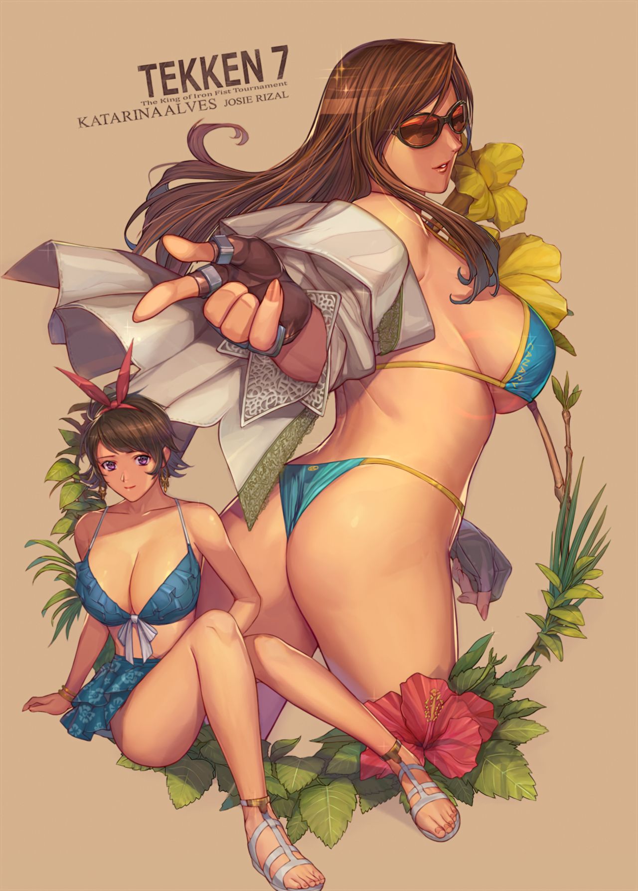 2girls, alluring, bikini, brazilian, brazilian female, breasts, brown hair, female, ibanen, josie rizal, katarina alves, latina, namco, pin-up, purple eyes, red-tinted eyewear, sunglasses, tekken, tekken 7, tinted eyewear