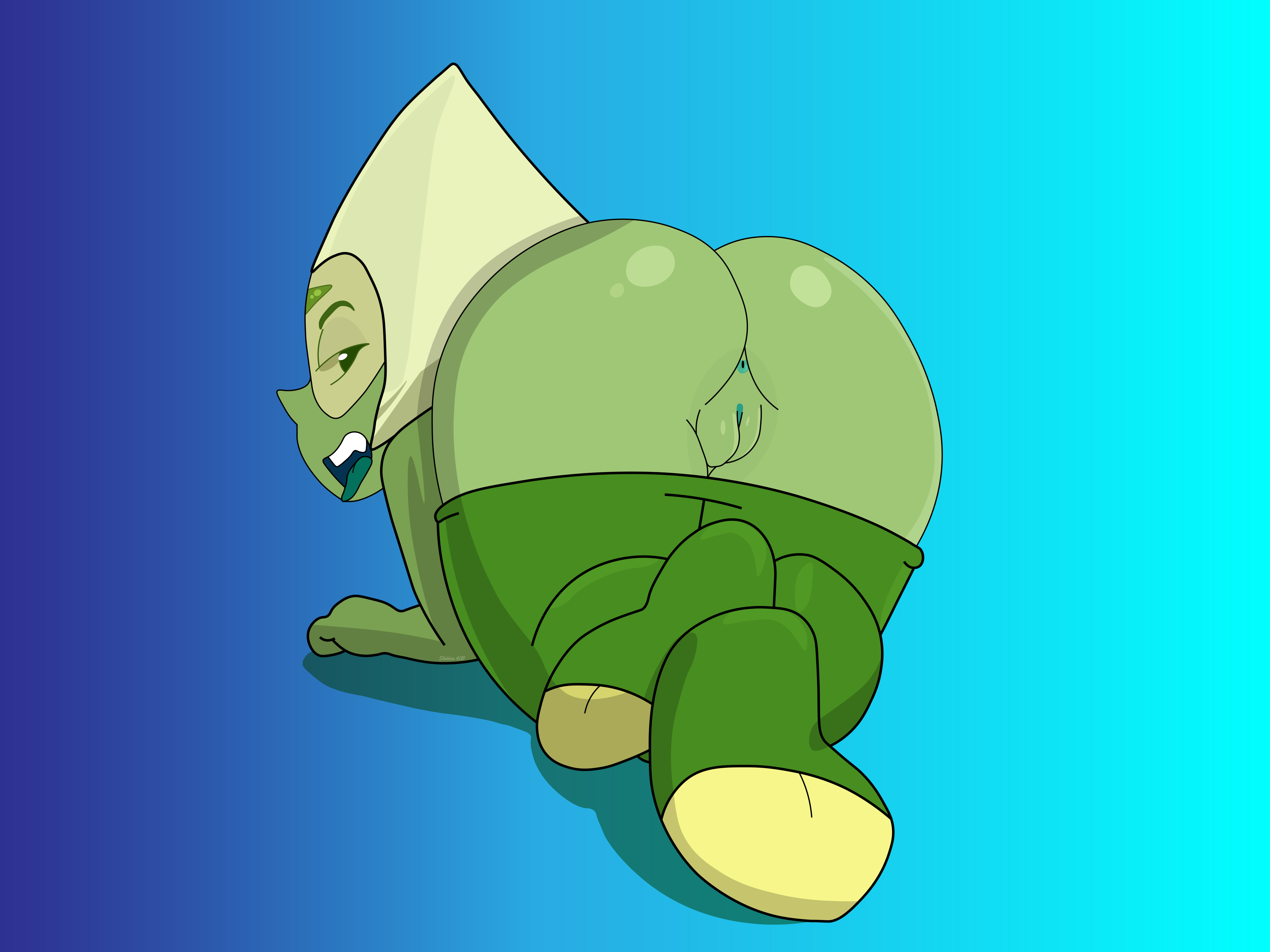 1girls, anus, ass, asshole, big ass, clothing, female, functionally nude, green body, green skin, looking at viewer, looking back, open mouth, open pants, peridot (steven universe), pussy, skimpy, solo, solo female, steven universe, tongue, tongue out, wide hips
