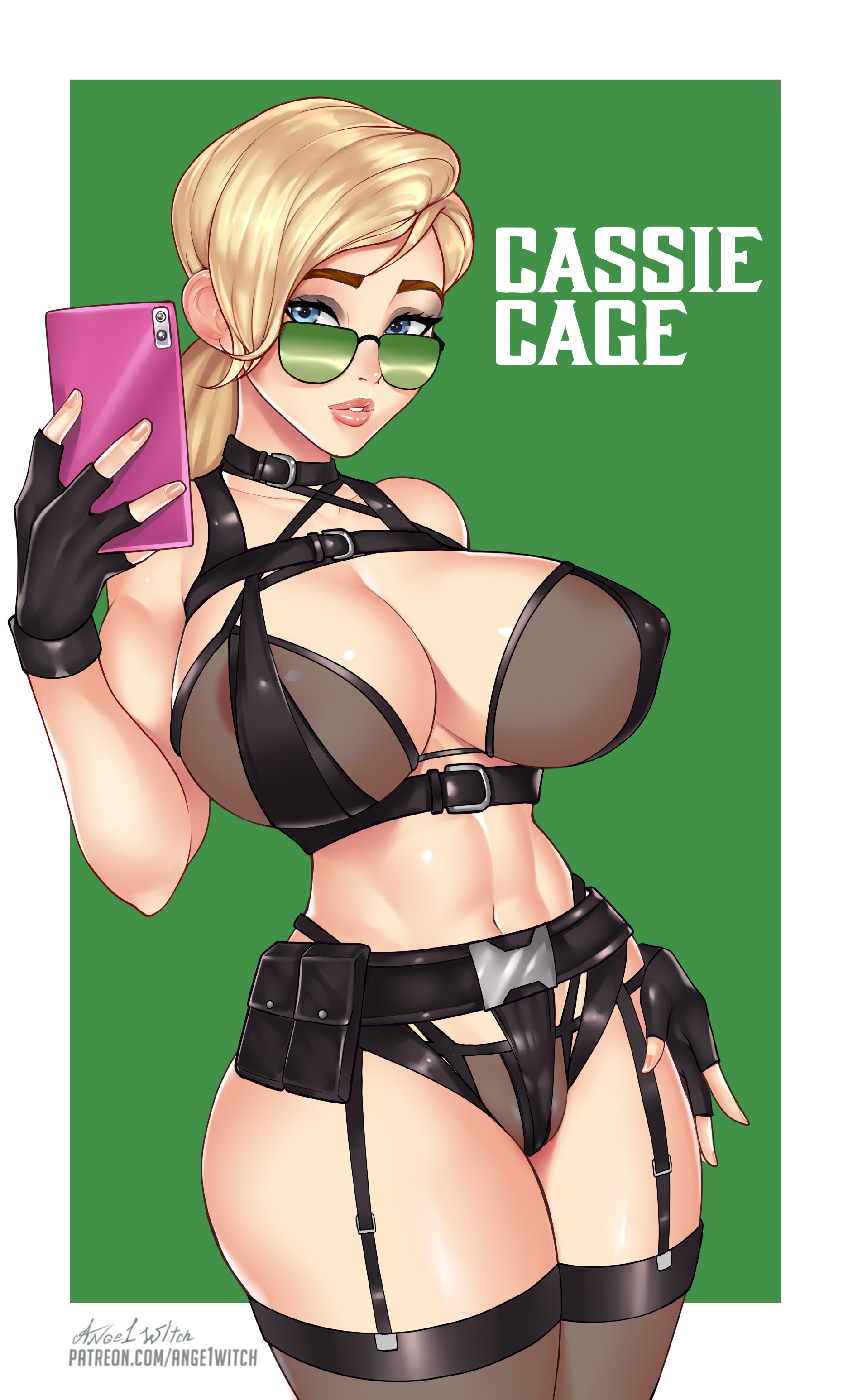 1girls, 2d, abs, ange1witch, areolae, big breasts, blonde hair, blue eyes, breasts, cassie cage, female, female focus, female only, green-tinted eyewear, high resolution, highres, huge breasts, long hair, looking at viewer, looking over eyewear, looking over glasses, looking over sunglasses, mortal kombat, navel, nipples, ponytail, pussy, solo, solo female, solo focus, sunglasses, tagme, thick thighs, thighs, tied hair, tinted eyewear