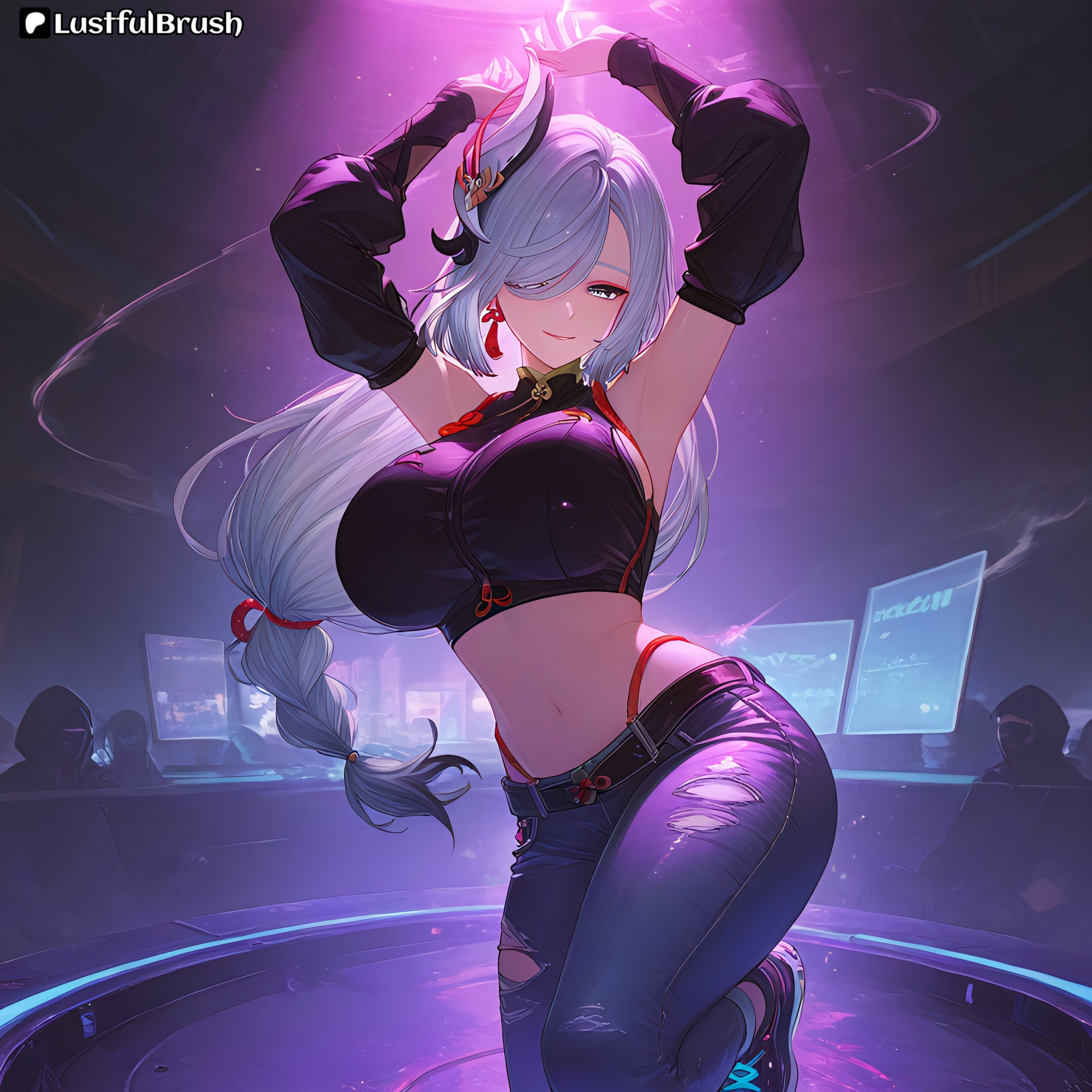 ai generated, breasts, club, crop top, female, female only, genshin impact, huge breasts, jeans, lustfulbrush, night, perfect body, round breasts, shenhe (genshin impact), small waist
