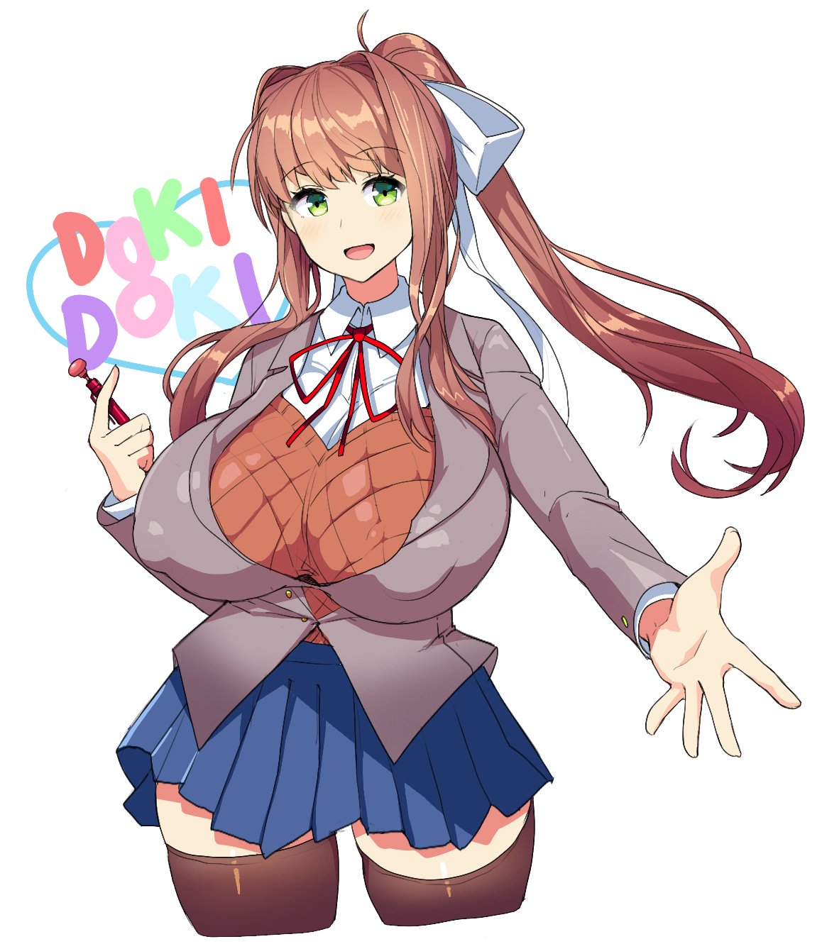 1girls, big breasts, black legwear, black thighhighs, blue skirt, breasts, brown hair, clothed, clothing, curvy, curvy female, curvy figure, doki doki literature club, erect nipples, erect nipples under clothes, female, female only, green eyes, hard nipples, huge breasts, large breasts, legwear, looking at viewer, monika (doki doki literature club), nipple bulge, nipples, ponytail, puffy nipples, ribbon, school uniform, schoolgirl, sinensian, skirt, smile, solo, solo female, thick, thick thighs, thighhighs, thighs, tight clothing, voluptuous, white ribbon