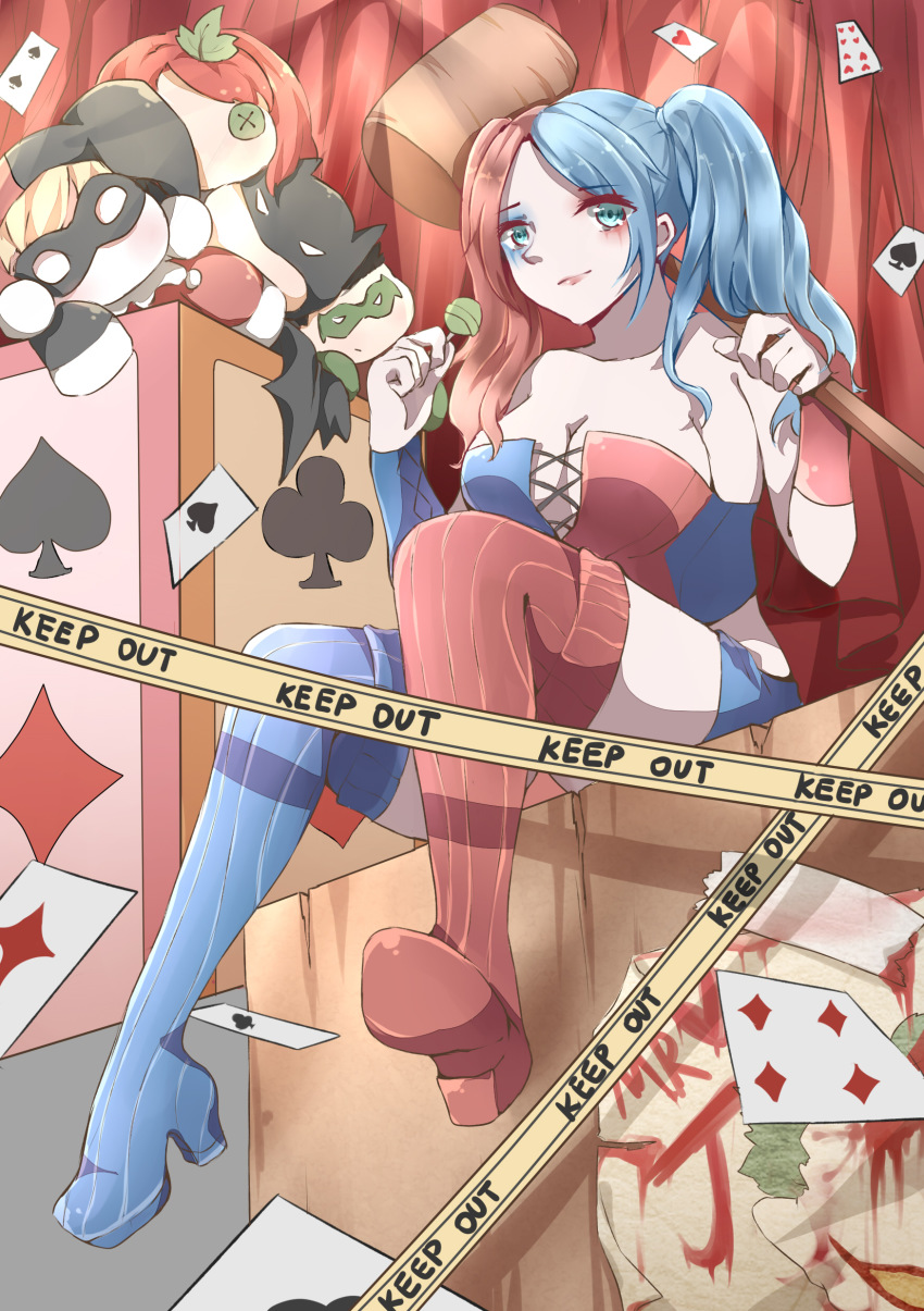 1girls absurd_res bare_shoulders batman_(series) boots breasts candy card cleavage colored_skin dc dc_comics female female_only food fully_clothed hammer harley_quinn hi_res high_heel_boots high_heels makeup multicolored_hair shorts solo stuffed_toy thigh_boots thighhighs twintails u._(artist) white_skin