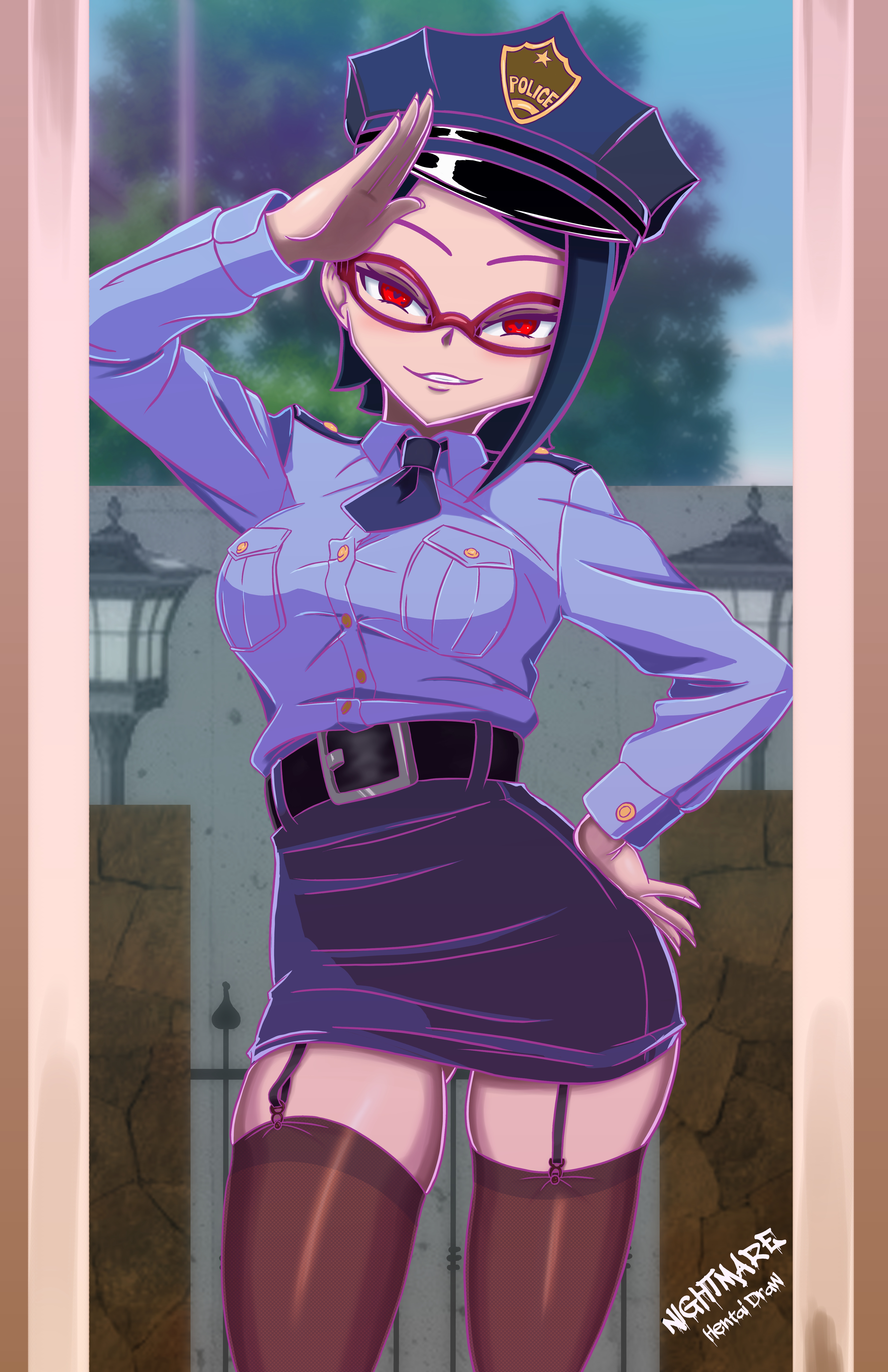1girls, absurd res, alternate version available, arm up, ass, ass visible through thighs, belt, beltskirt, big thighs, black hair, blush, boruto: naruto next generations, breasts, clothed, clothes, clothing, collared shirt, cowboy shot, curvaceous, curvy, eyebrows, female, female focus, female only, fully clothed, garter straps, glasses, half-closed eyes, hand on hip, heart-shaped pupils, hi res, high resolution, highres, long sleeves, looking at viewer, medium breasts, medium hair, miniskirt, nail polish, naruto, naruto (series), necktie, nightmare hdraw, one arm up, parted lips, police, police hat, police uniform, red eyes, red glasses, sarada uchiha, seductive, seductive look, seductive smile, sharingan, shiny skin, shirt, skirt, smile, smiling, solo, solo female, solo focus, teeth, thick thighs, thighhighs, thighs, tie, tight clothes, tight clothing, tight skirt, very high resolution, wide hips