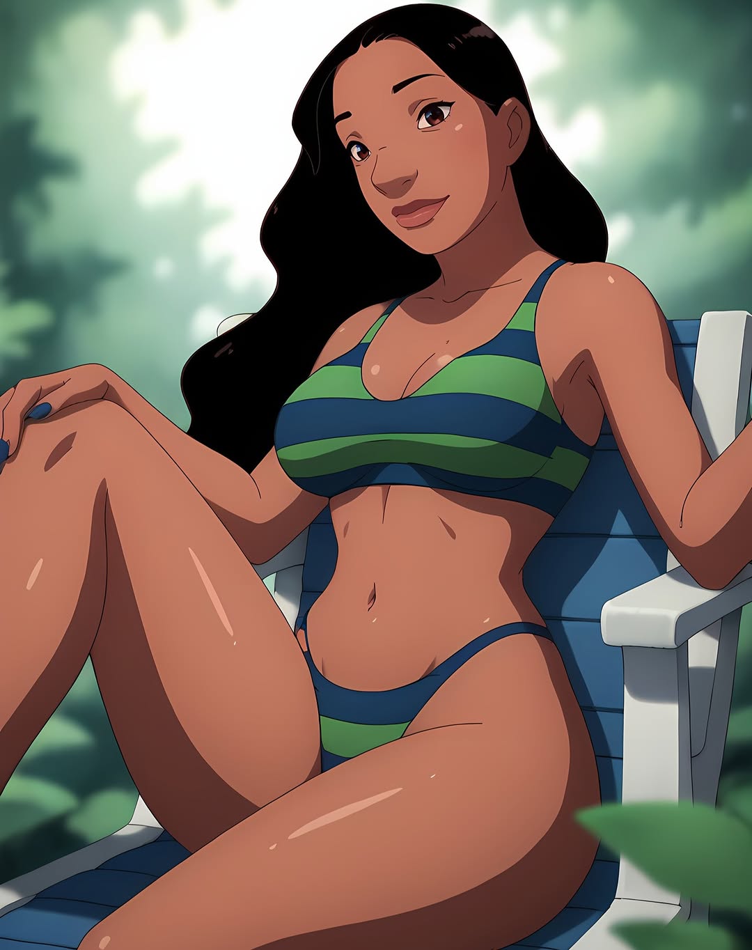 2025, ai generated, belly, black hair, blue bikini, brown body, brown skin, disney, female, florest, forest, forest background, instagram, lilo and stitch, looking at viewer, meta, moewaifu974, nani pelekai, orange eyes, sitting on chair, tummy