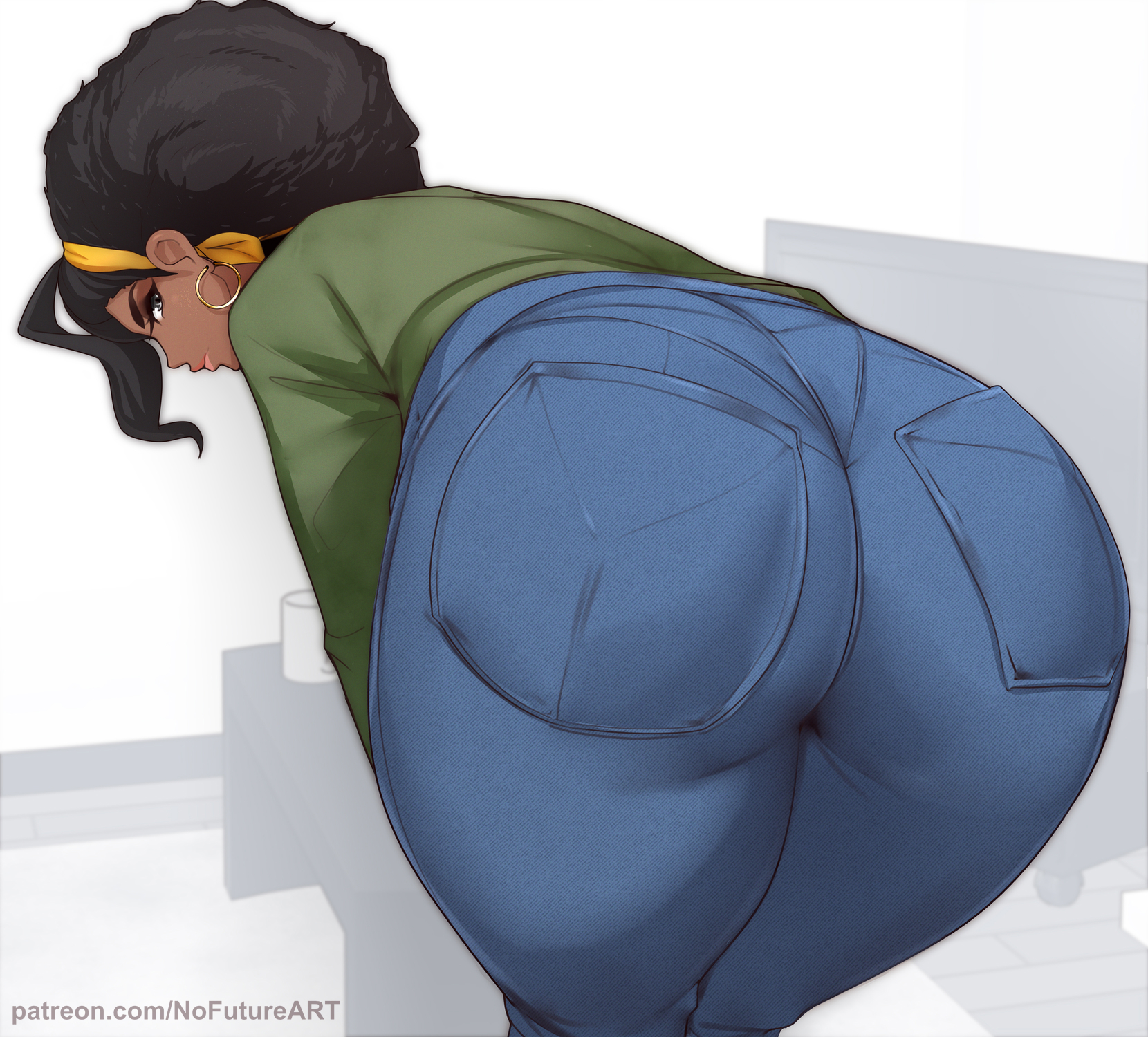 1girls, afro, ass, bandana, bent over, big ass, black eyes, black hair, dark skin, dark-skinned female, earrings, female, female only, hi res, jeans, looking at viewer, looking back, looking back at viewer, marla (megalo box), megalo box, nofuture, rear view, solo, thick ass, thick thighs, tuft