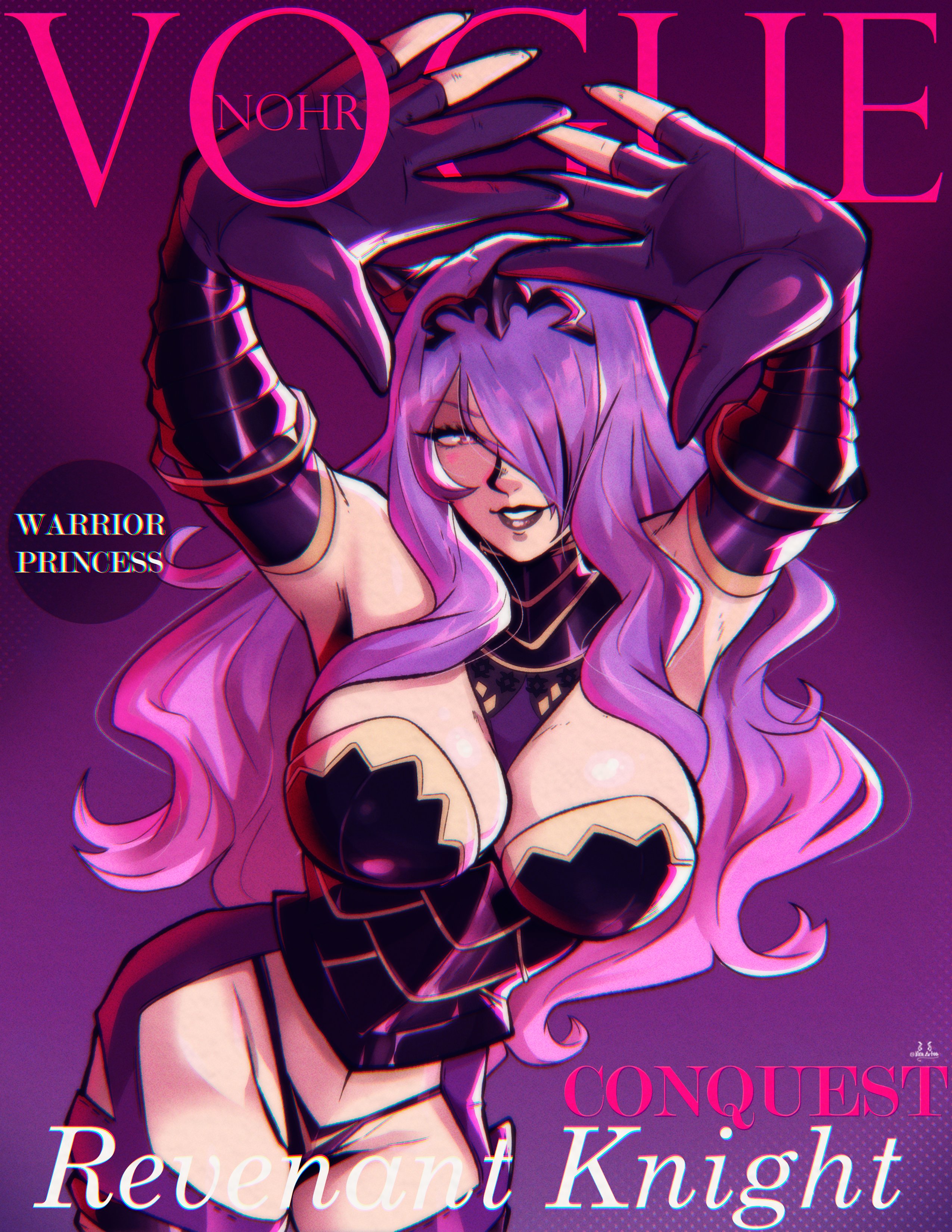 armor, ass, breasts, camilla (fire emblem), cleavage, enormous breasts, female, fire emblem, fire emblem fates, gloves, huge ass, huge breasts, large breasts, nico artooo, panties, revealing clothes, smile, stockings, wide hips