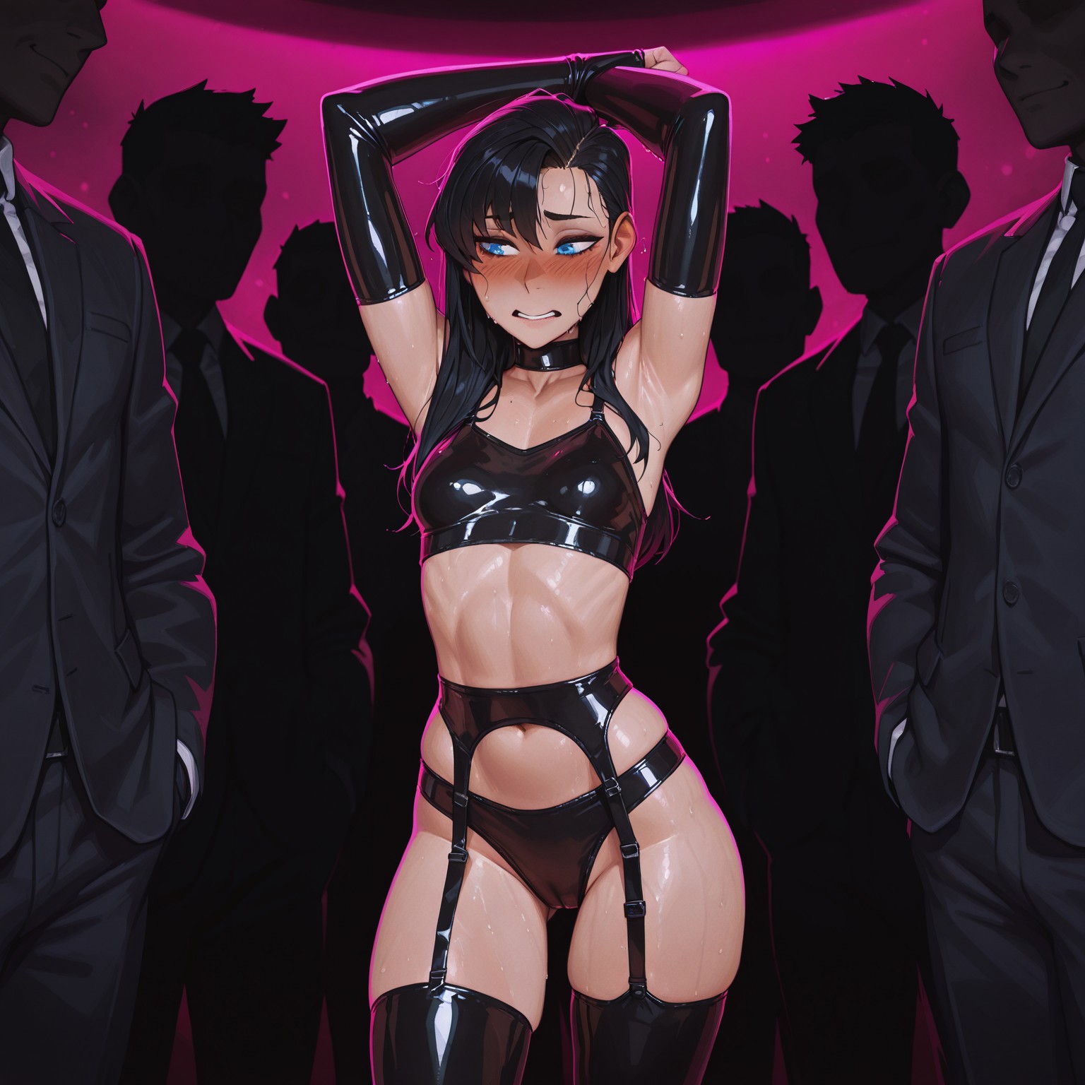 ai generated, black hair, crowd watching, embarrassed, female, humiliated, latex, latex clothing, male, multiple boys, multiple males, party, public indecency, richard, slender body, submissive female, tagme