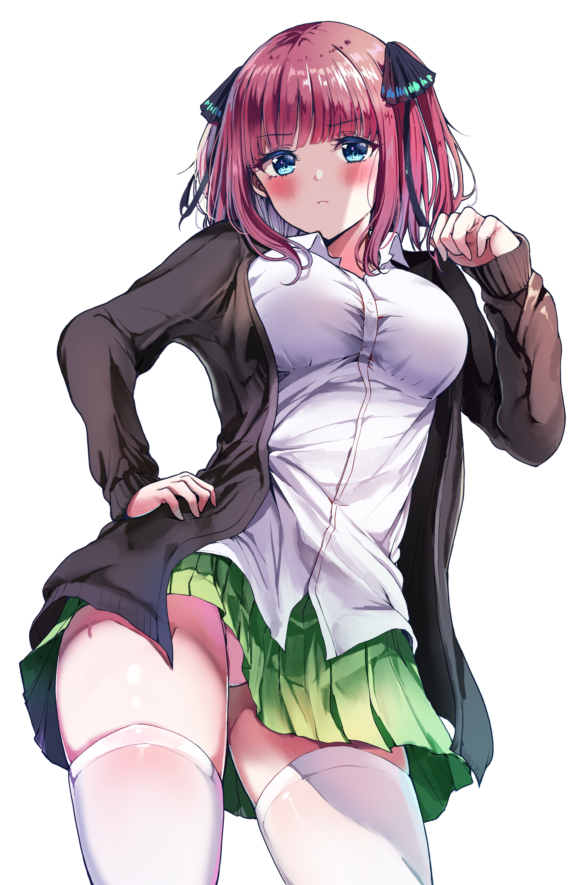 1girls, absurdres, black cardigan, black ribbon, blue eyes, blunt bangs, blush, breasts, butterfly hair ornament, cardigan, closed mouth, collared shirt, commentary, contrapposto, cowboy shot, expressionless, female, go-toubun no hanayome, green skirt, hair ornament, hair ribbon, hand on own hip, hand up, highres, large breasts, long sleeves, looking at viewer, medium hair, nakano nino, open cardigan, open clothes, panties, pink hair, pink panties, pleated skirt, ribbon, sak (lemondisk), shirt, sidelocks, simple background, skirt, solo, thighhighs, underwear, untucked shirt, white background, white shirt, white thighhighs