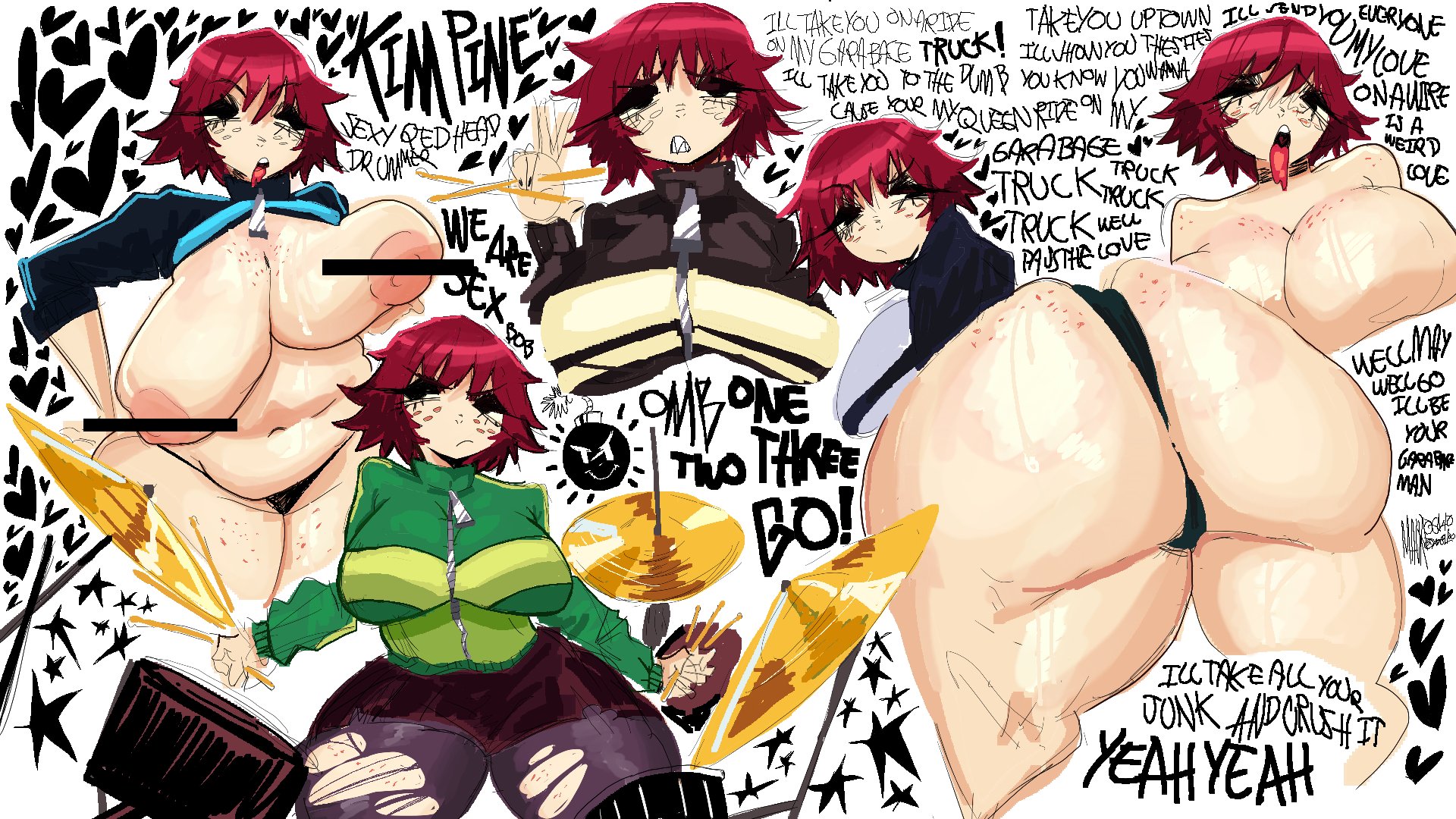 1girls, ass, ass freckles, breasts, dialogue, drumstick (musical), female, freckles, freckles on ass, frown, huge ass, kim pine, large breasts, looking back, open mouth, presenting ass, presenting hindquarters, red hair, scott pilgrim, text, thick thighs, tongue, tongue out, xd64100