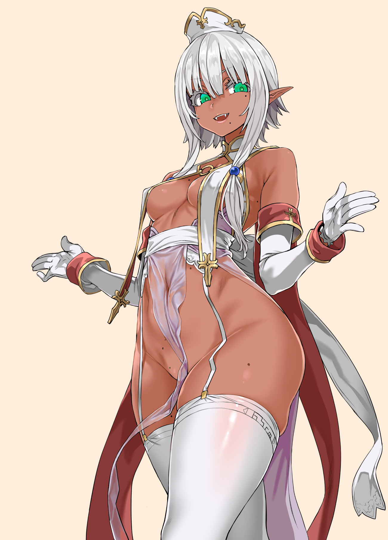 1girls, asanagi, barely clothed, breasts, curvy, dark skin, dark-skinned female, fangs, female, female only, green eyes, looking at viewer, mole, original, original character, pointy ears, priestess, sharp teeth, short hair, silver hair, simple background, small breasts, solo, thick thighs, thighhighs, walking