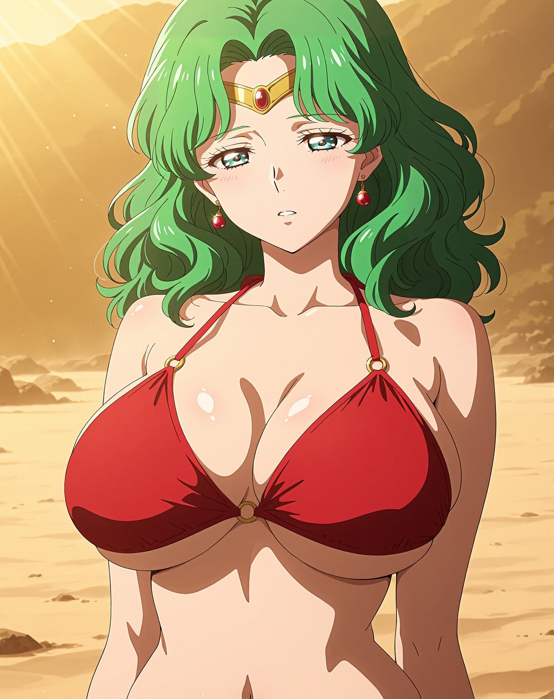 2025 ai_generated anime beach bishoujo_senshi_sailor_moon crunchyroll embarrassed_female green_eyes green_hair instagram manga meta michiru_kaiou moewaifuplus red_bikini red_earrings sailor_neptune sunset tired_face