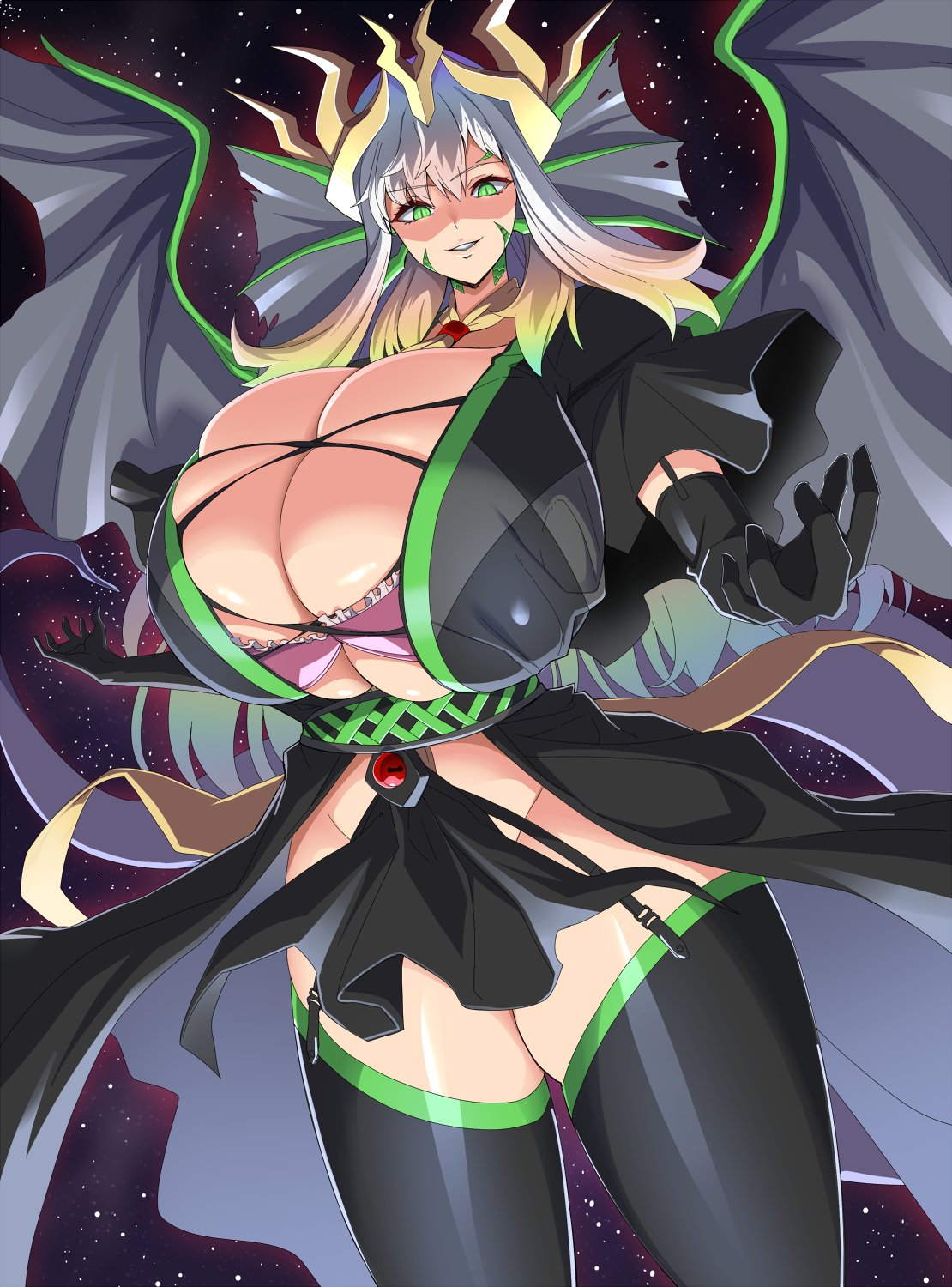 breast_press breast_squeeze busty chounyuu cleavage cute dragon dragon_girl enormous_breasts green_eyes huge_breasts kloah large_breast long_hair massive_breasts seductive seductive_smile thick_thighs thighhighs tight tight_clothes tight_clothing top_heavy voluptuous white_hair