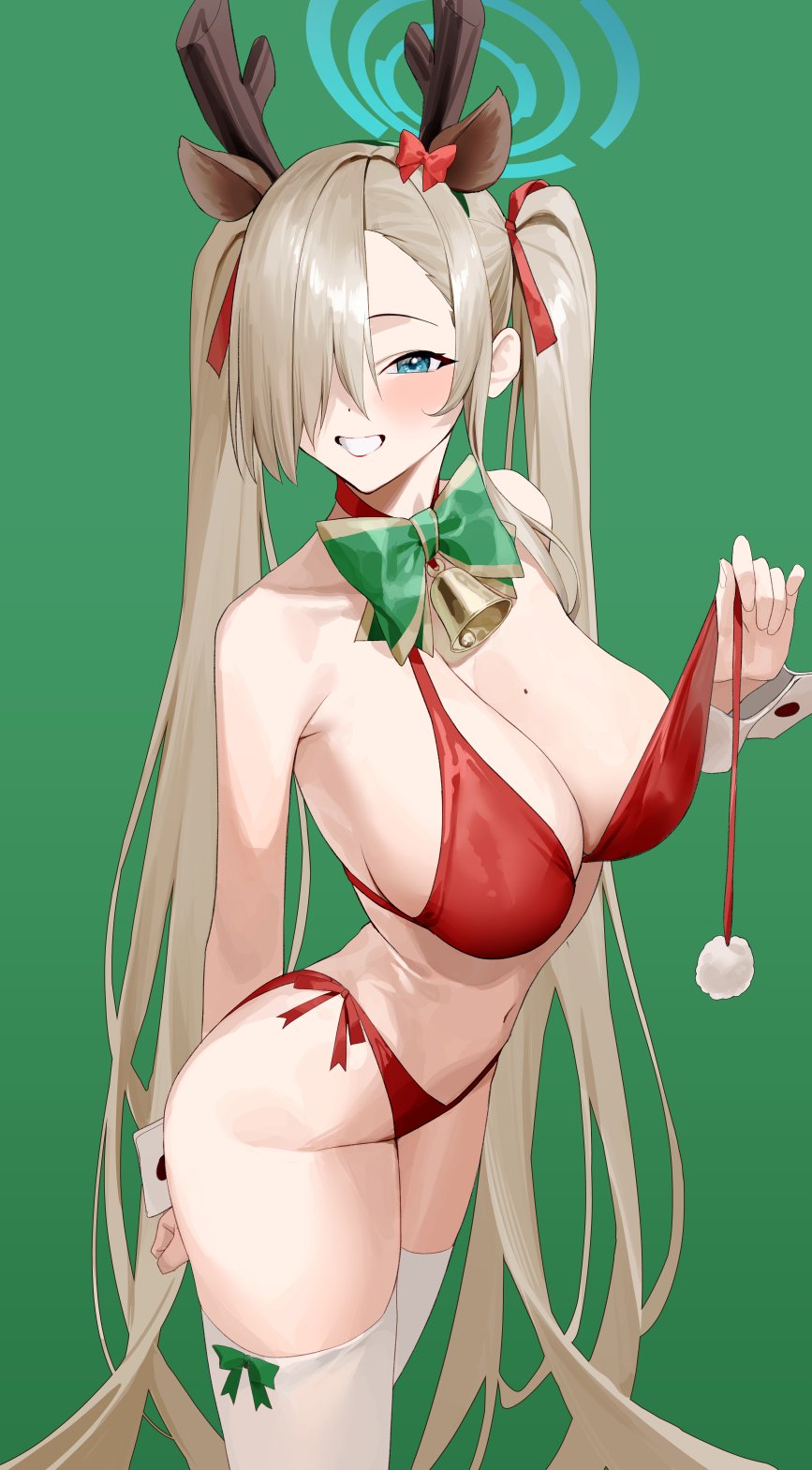 1girls, asuna (blue archive), bell, blue archive, blush, blushing, breasts, christmas, cleaning & clearing (blue archive), fake antlers, fake reindeer antlers, fake reindeer ears, female, female only, gdd (vkejr702), halo, huge breasts, light skin, light-skinned female, long hair, millennium science school student, mole on breast, smiling, solo, twintails