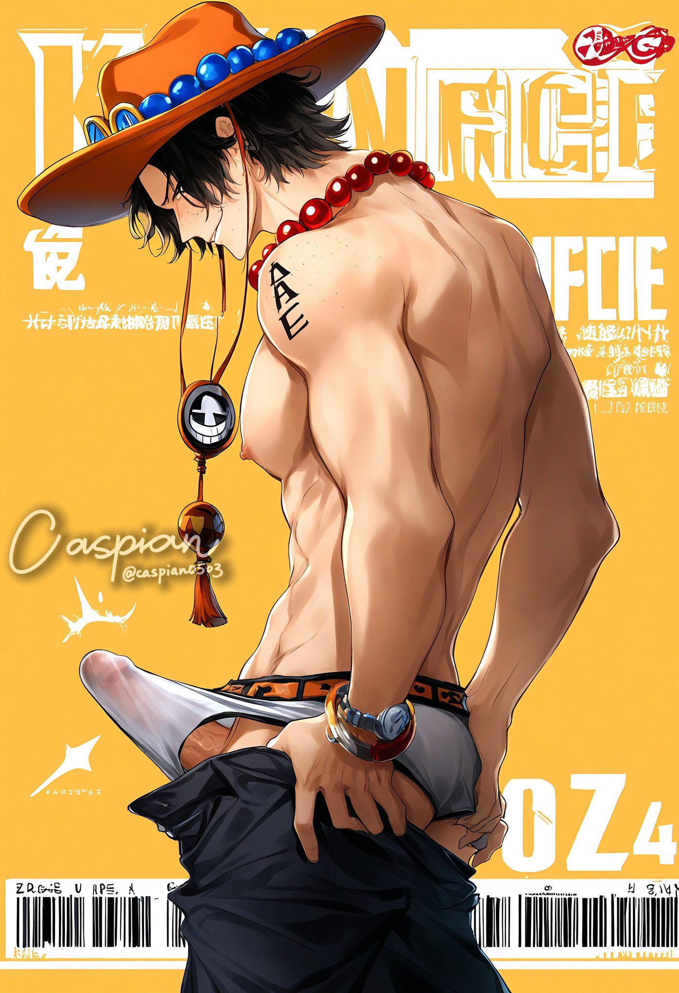 1boy, ai generated, black hair, hat, male, male only, one piece, portgas d ace, solo, tagme