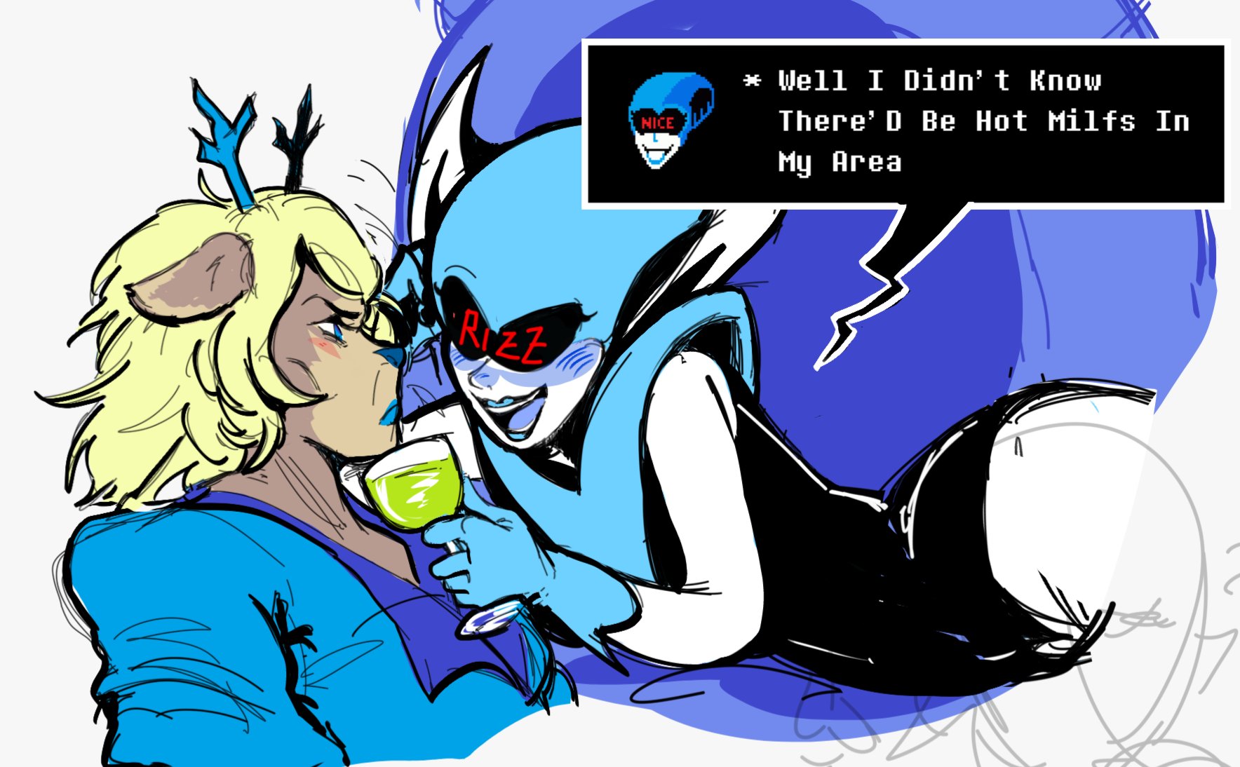 2girls, antlers, ass, bald female, big ass, blue eyes, blue lipstick, blue nose, blush, carol holiday, deer, deer ears, deer girl, deltarune, deltarune chapter 4, female, female only, flirting, flustered, furry, furry female, jacket, milf, milfs, queen (deltarune), queen0fm0nsterz, undertale (series), yuri