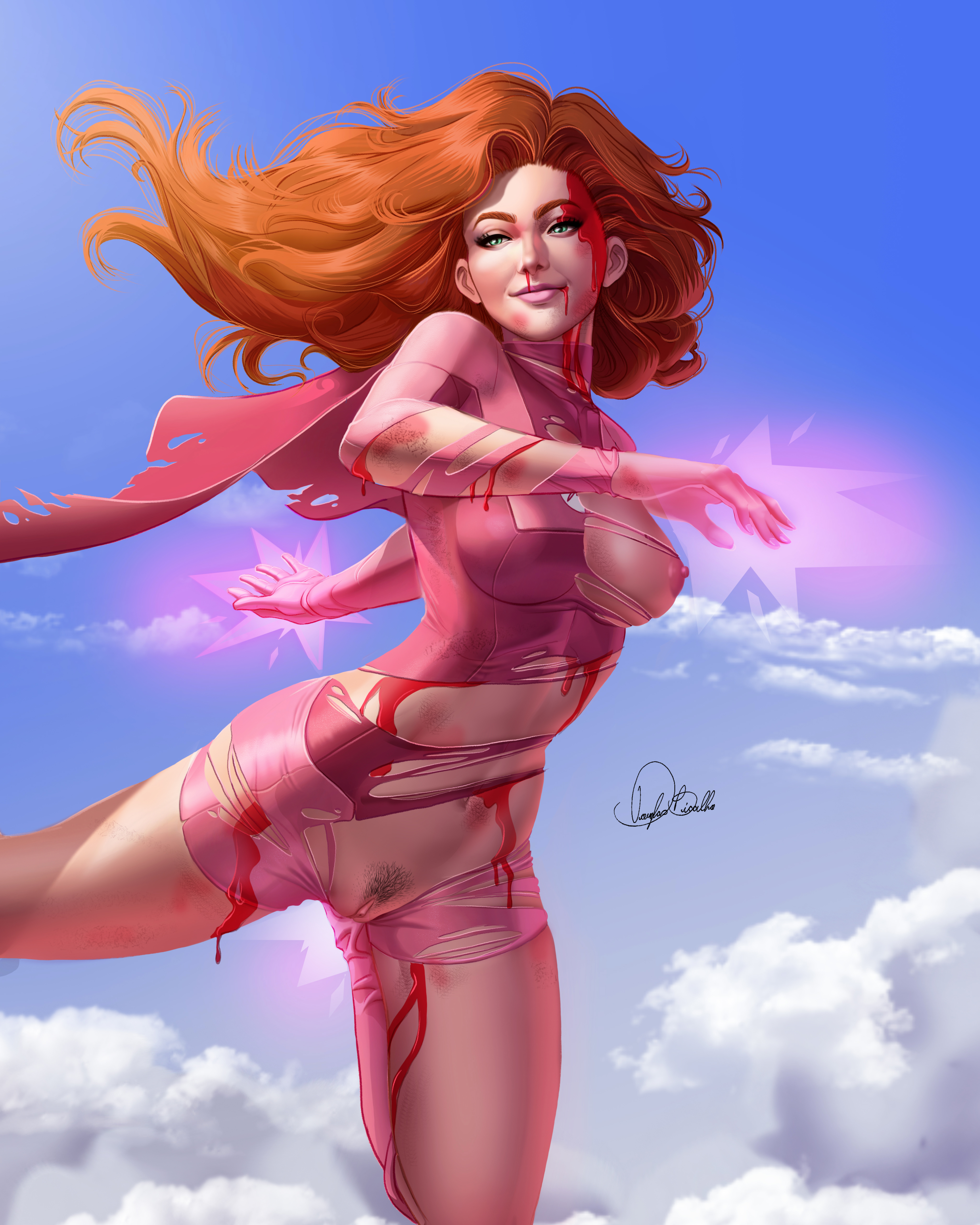 1girls, after fight, areolae, atom eve, bleeding, blood, breasts, bruise, bruise on face, bruised, bruises, clitoris, douglas bicalho, female, female only, flying, green eyes, human, human only, invincible, light skin, light-skinned female, lost clothes, nipples, pubic hair, pussy, red hair, ripped clothes, ripped clothing, samantha eve wilkins, solo, solo female, superhero costume, superheroine, superpowers, torn bodysuit, torn clothes, vagina, voluptuous, wide hips