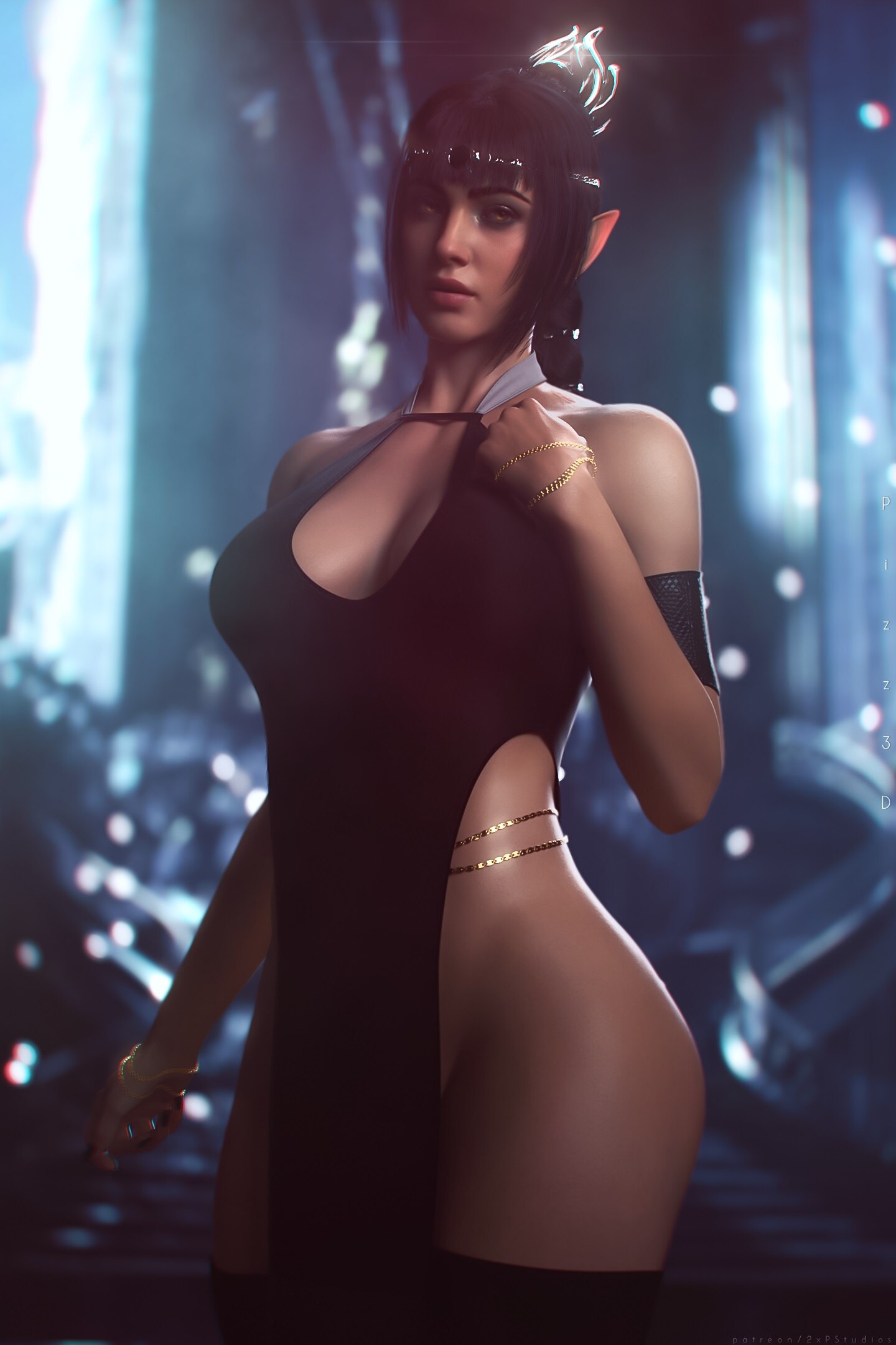 1girls, 2xp studios, 3d, 3d render, baldur's gate, baldur's gate 3, bangs, black hair, braided hair, circlet, cleavage, dress, dungeons and dragons, elf, female, green eyes, jewelry, looking to the side, pizz3d, pointy ears, shadowheart, solo female, standing, thighhighs