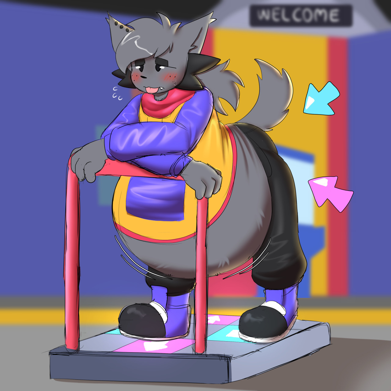 1boy, 2021, anal insertion, anthro, anthro only, arcade, bloated, bloated belly, blush, ear piercing, felid, feline, friday night funkin, grey fur, implied stuffing, kapi (paperkitty), male, male only, sentient object, solo male, stuffing, tail