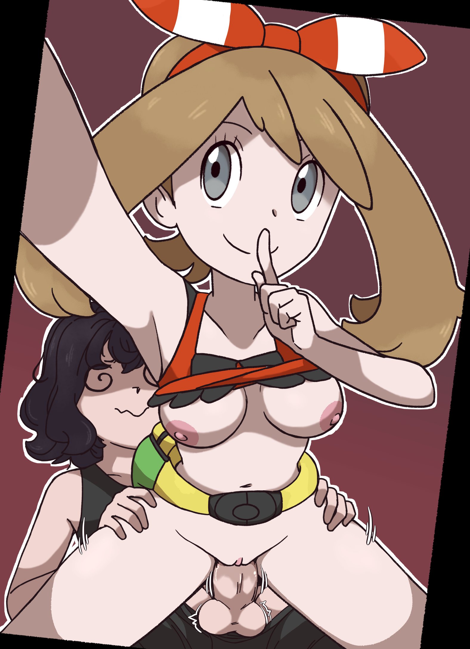 2girls, accurate art style, balls, big breasts, big cock, black hair, blonde hair, breasts, female, fucked silly, grey eyes, human, human only, lewdthealess, may (pokemon oras), may (pokemon), nav (halloween4), oc, penis, pokemon, pussy, riding, selfie, sex, swirly eyes, trans woman, transfem, vaginal penetration