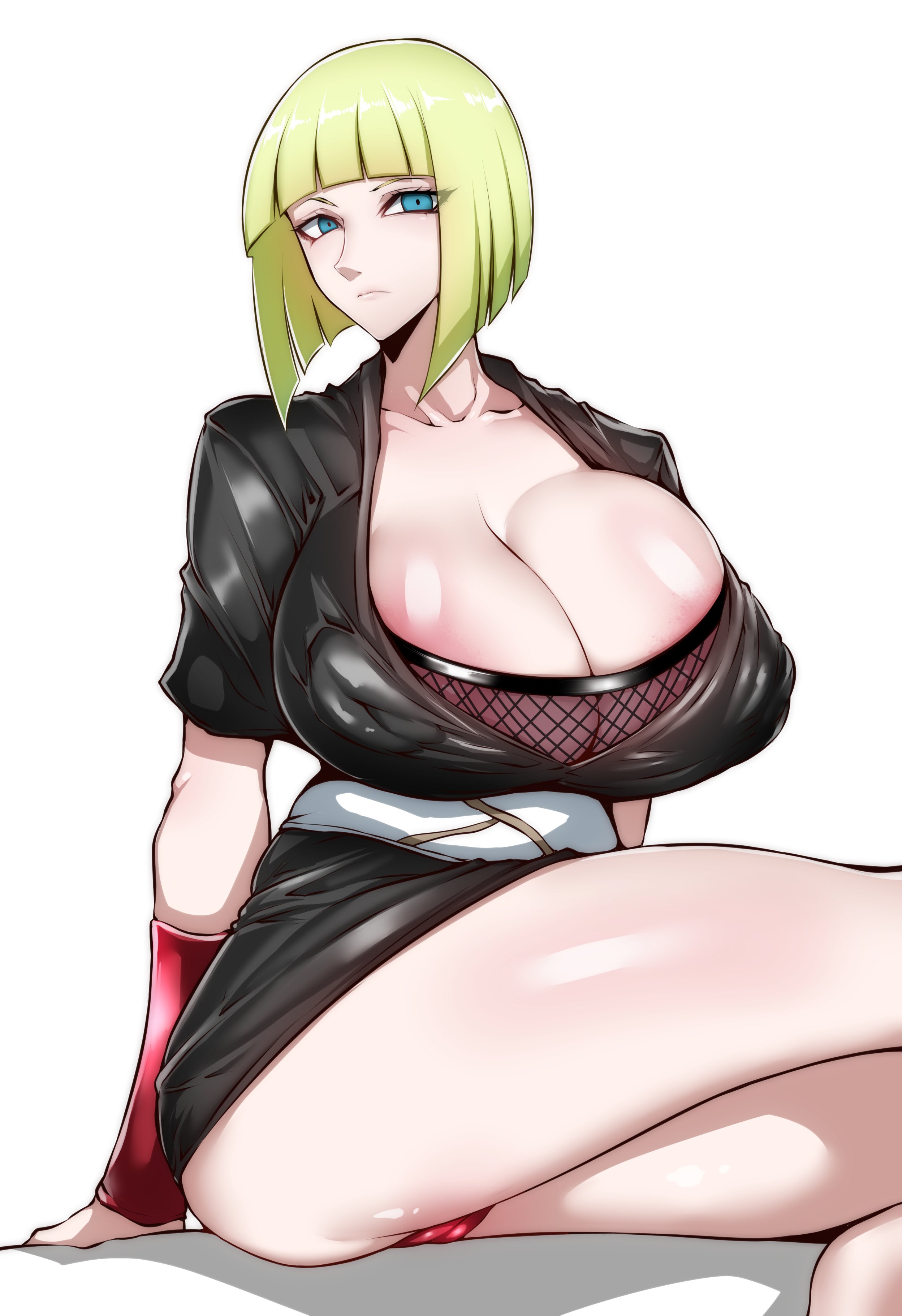 1girls, absurdres, areola, blonde hair, blue eyes, blunt bangs, bob cut, breasts, busty, center opening, cleavage, clothed female, eyes visible through hair, female, female only, fishnets, gggg, highres, huge breasts, human, kimono, long hair, mature, mature female, naruto, naruto (series), naruto shippuden, no bra, panties, puffy nipples, red panties, samui, shiny, shiny hair, shiny skin, simple background, solo, underwear, voluptuous, white background