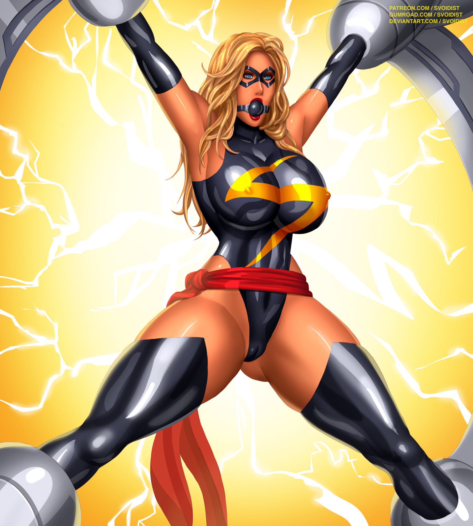 1girls, armpits, ball gag, black legwear, blonde hair, blue eyes, bondage, bound, bound ankles, bound arms, bound legs, bound wrists, breasts, cameltoe, carol danvers, cleavage, clothed, domino mask, female, hi res, hourglass figure, huge breasts, latex, leotard, long hair, marvel, marvel comics, ms. marvel, ms. marvel (carol danvers), nipple bulge, nipples, pussy, sash, shiny, shiny skin, solo, solo focus, spread arms, spread eagle, spread legs, standing, svoidist, thick thighs, thighhighs