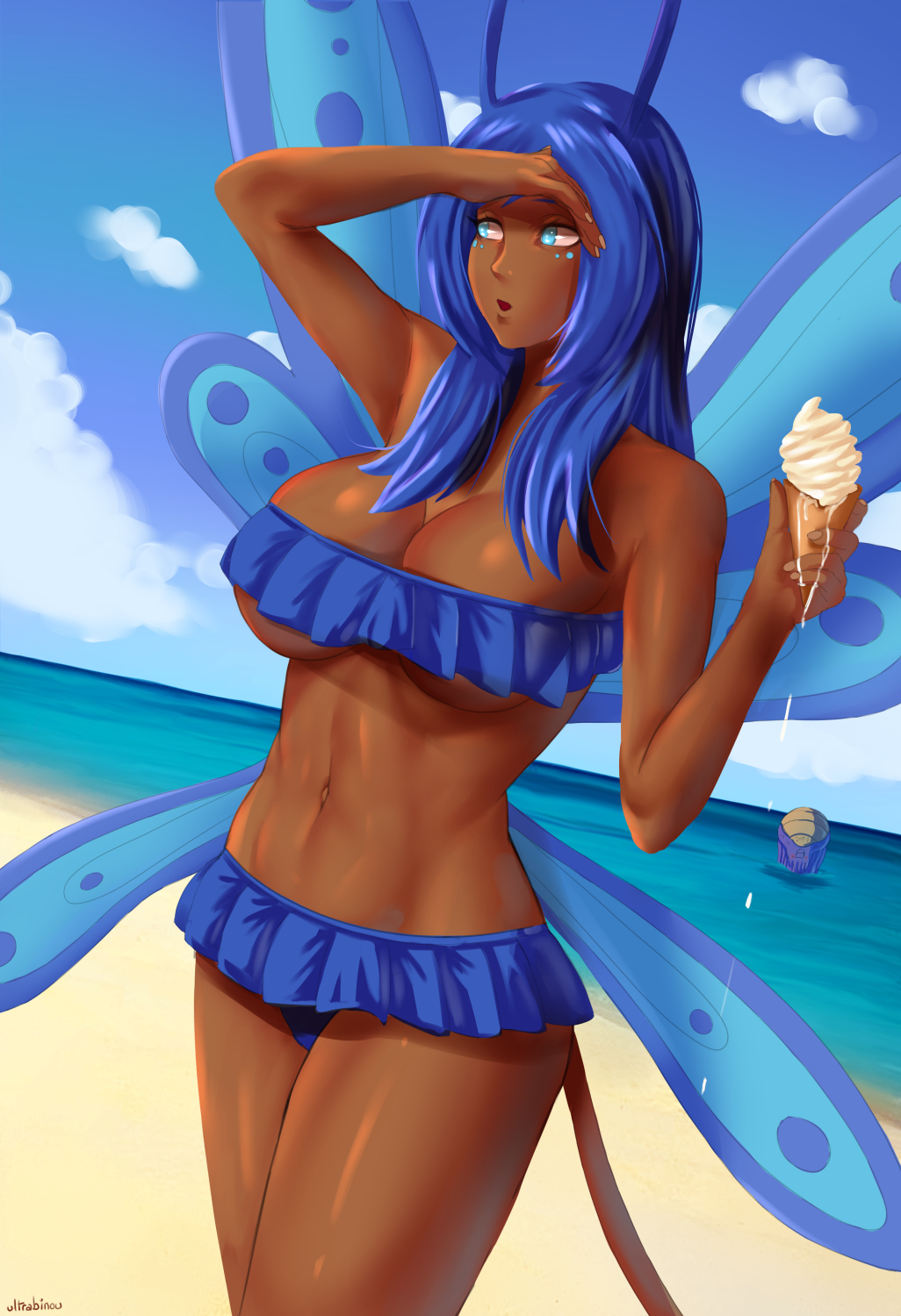 antennae aquei_(fvt) beach big_breasts blue_eyes blue_hair character_in_background cheek_markings dark-skinned_female fairies_vs_tentacles fairy hair ice_cream melting_ice_cream no_pupils swimsuit tail tentacle_monster ultrabinou underboob watermark wings