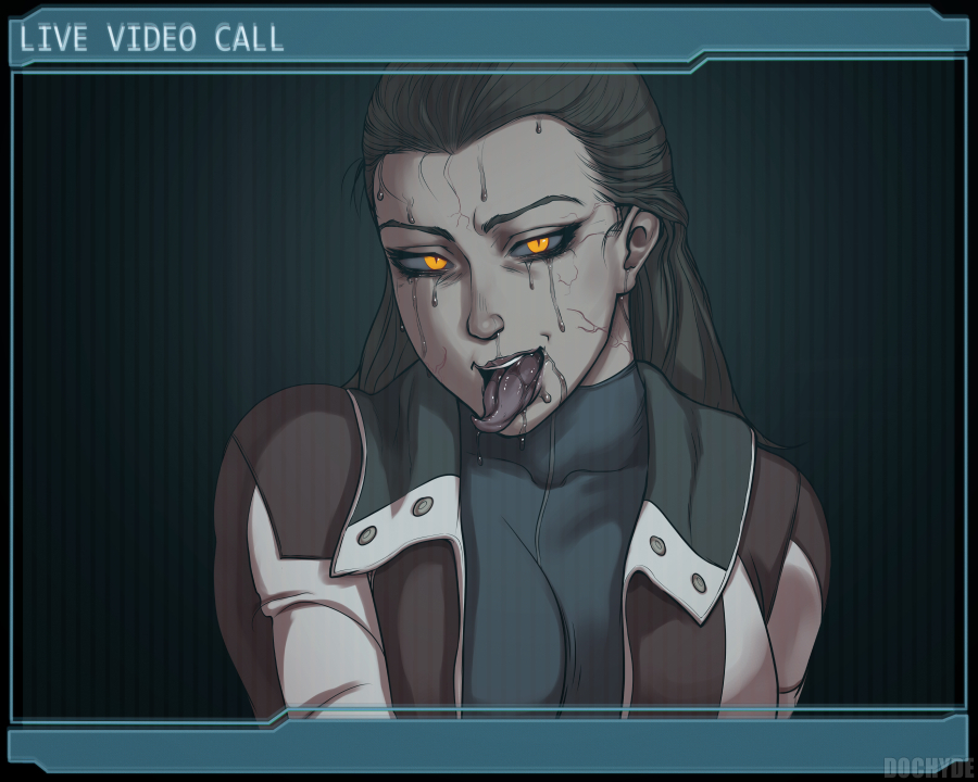 1girls, 2d, breasts, brown hair, corruption, dead space, dochyde, female, female only, kendra daniels, looking at viewer, monster, orange eyes, slit pupils, solo, solo female, text, tongue, tongue out, video call