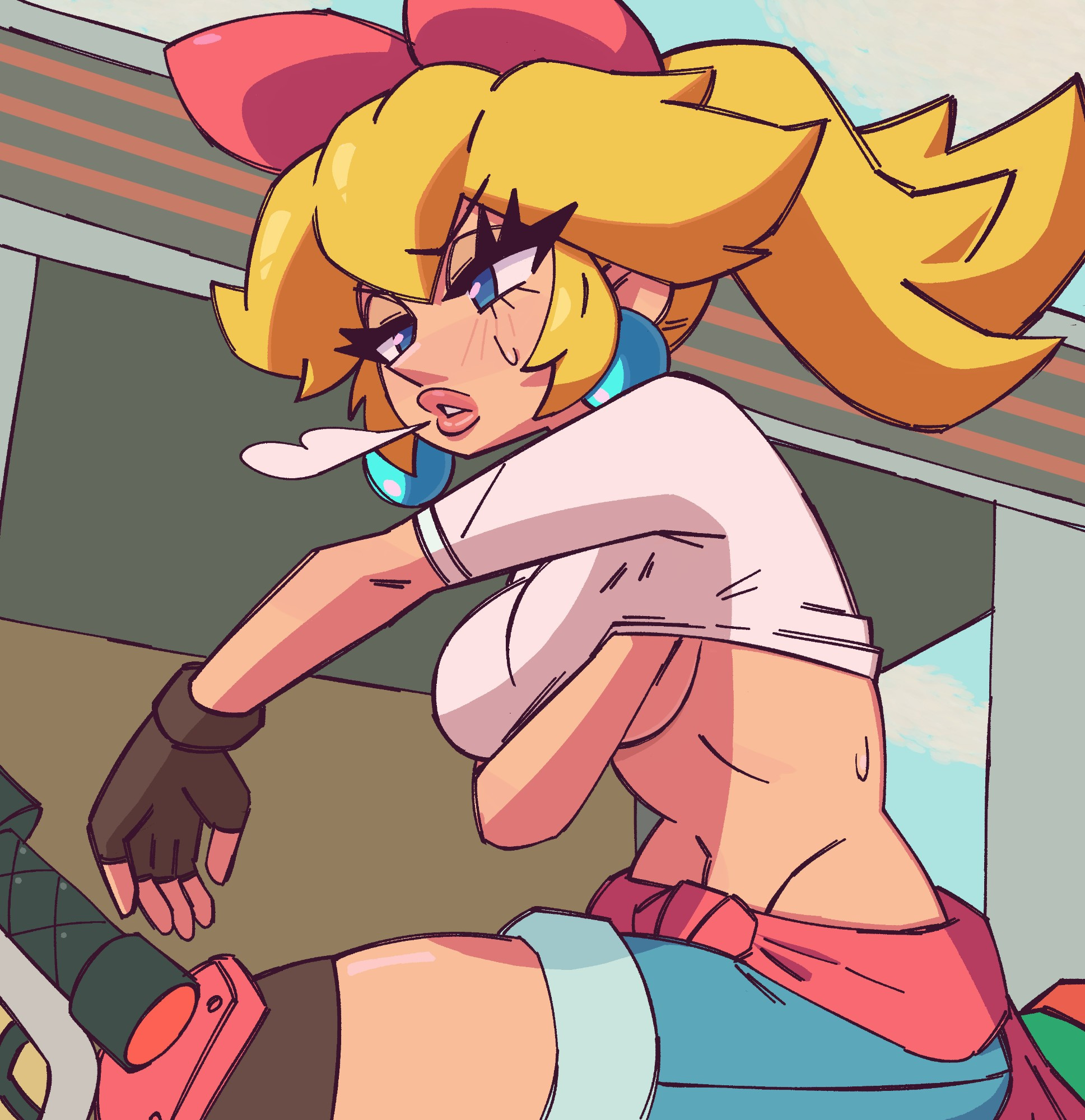 2025, blonde hair, blue eyes, blush, bow, breasts, clothed, clothing, digital media (artwork), female, itching, lifting shirt, mario (series), mario kart, mario kart world, nintendo, no bra, no visible genitalia, oakblu, official alternate costume, partially clothed, ponytail, princess peach, princess peach (touring), scratching, scratching chest, sweat