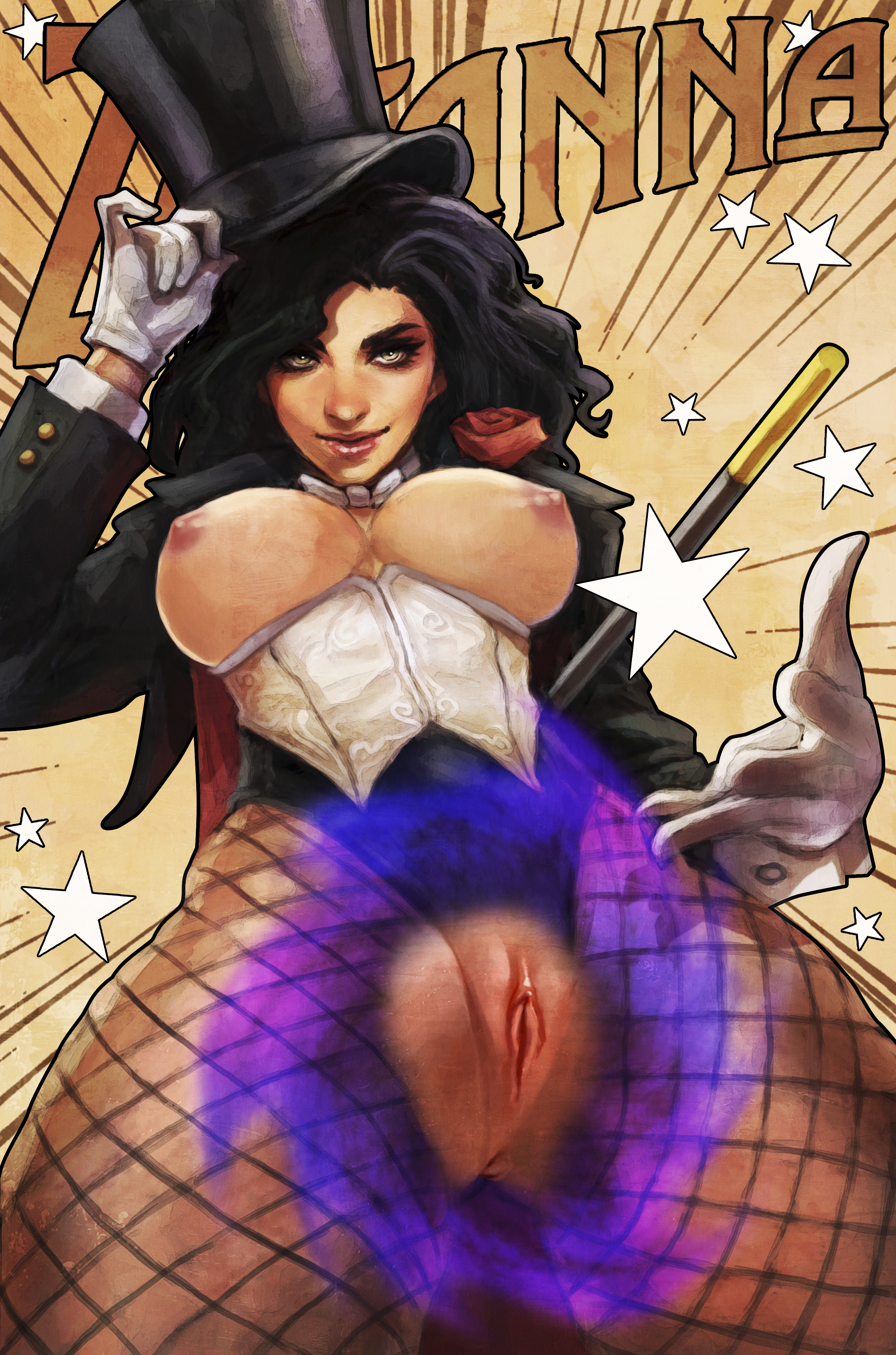areolae, breasts, character name, clitoris, dc, dc comics, female, looking at viewer, magic, monorirogue, nipples, pussy, pussy lips, straight hair, text, vagina, zatanna, zatanna zatara