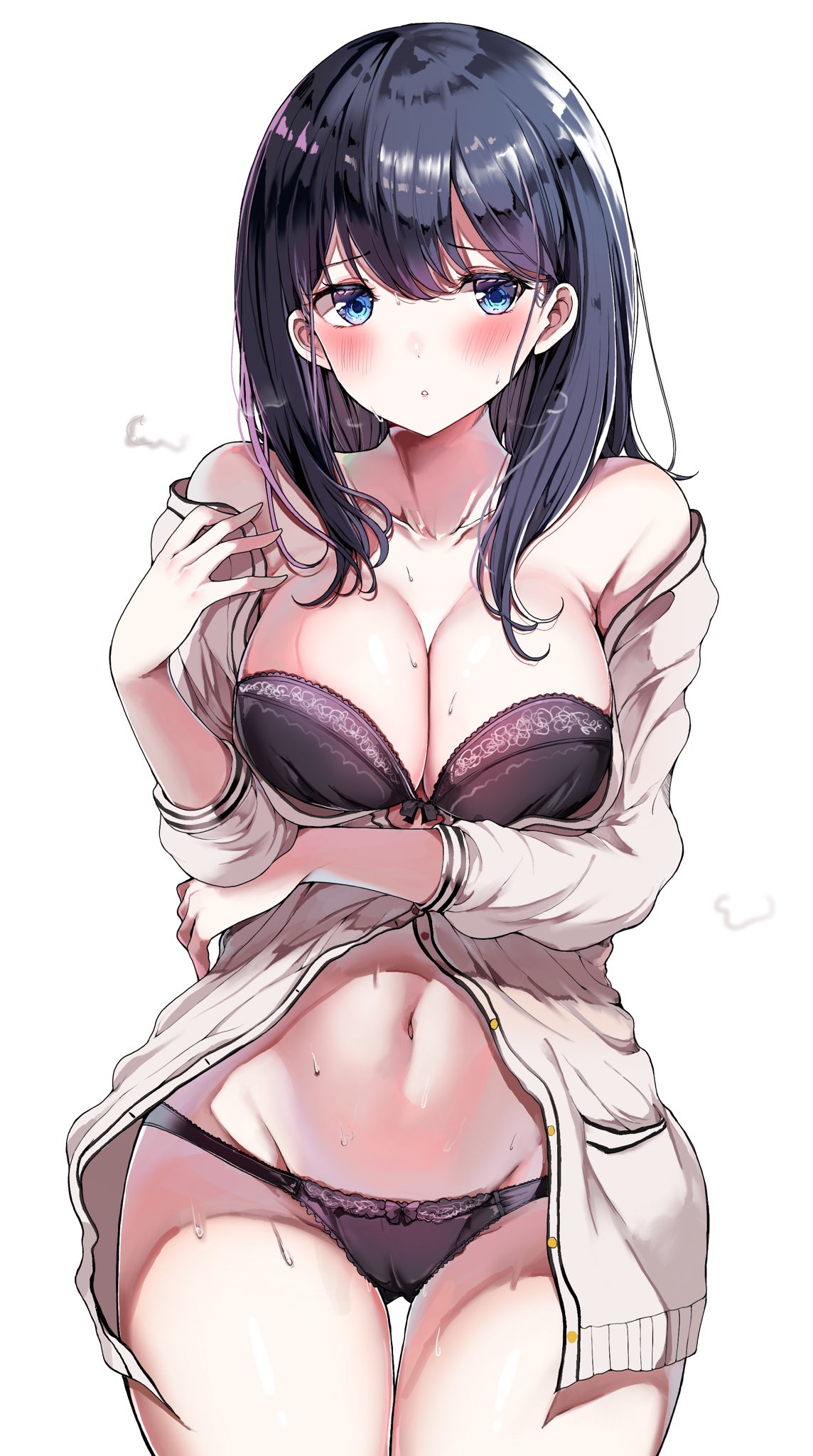 1girls, ass visible through thighs, bad id, bad twitter id, black bra, black hair, black panties, blue eyes, bow, bow bra, bow panties, bra, breasts, cardigan, cleavage, collarbone, commentary, cowboy shot, female, gridman universe, highres, lace, lace bra, lace panties, large breasts, long hair, looking at viewer, navel, open clothes, panties, sak (lemondisk), simple background, solo, ssss.gridman, standing, straight hair, sweat, symbol-only commentary, takarada rikka, thigh gap, underwear, white background, white cardigan